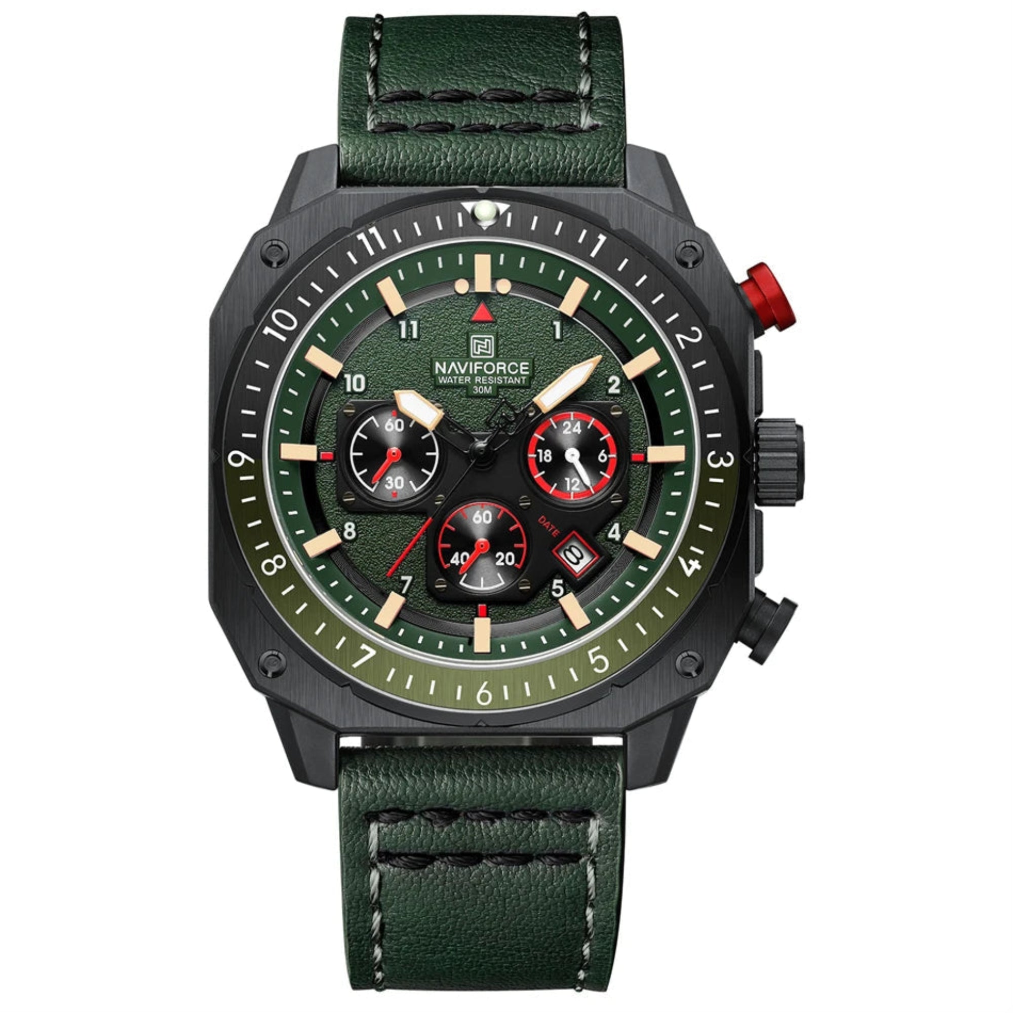 A multicolored sports multifunction waterproof watch for men with a leather band and a dial featuring luminous hands and a date display.