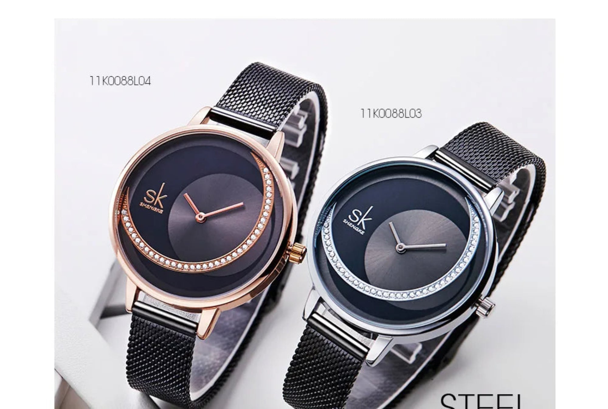 Two black mesh wrist watches with rose gold and silver accents on a light gray background.