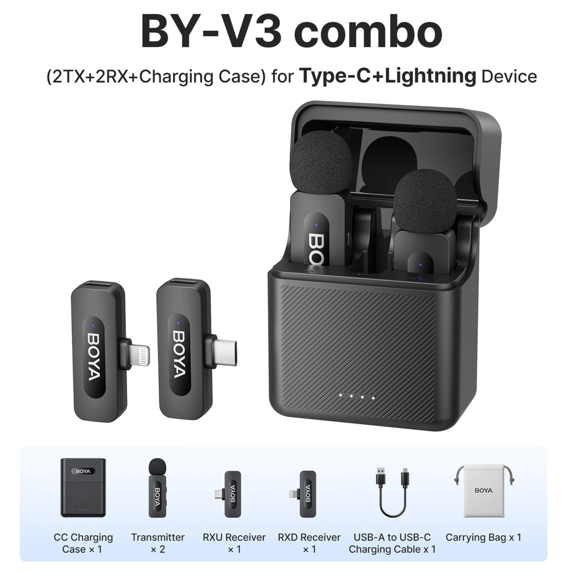 BOYA BY-V3 combo wireless microphone system with charging case on a white background