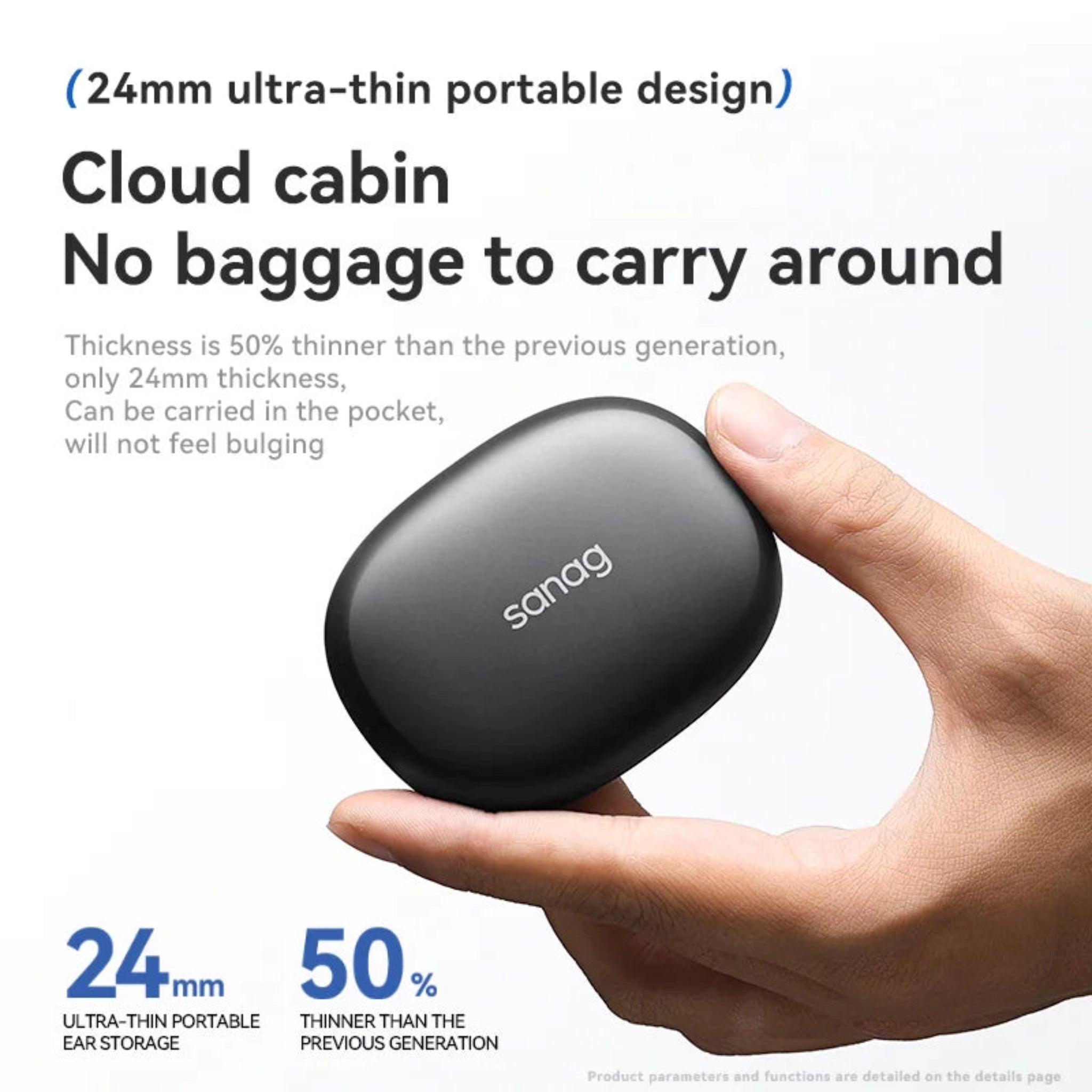 Black earbud case held in a hand with text highlighting its thinness and portability.