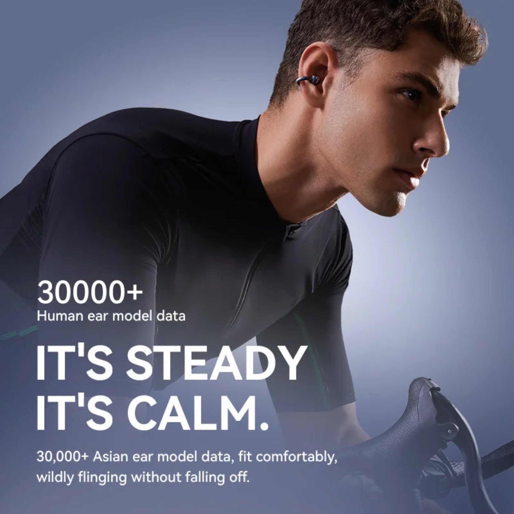 Man wearing a black earbud with text about ear model data and product features.