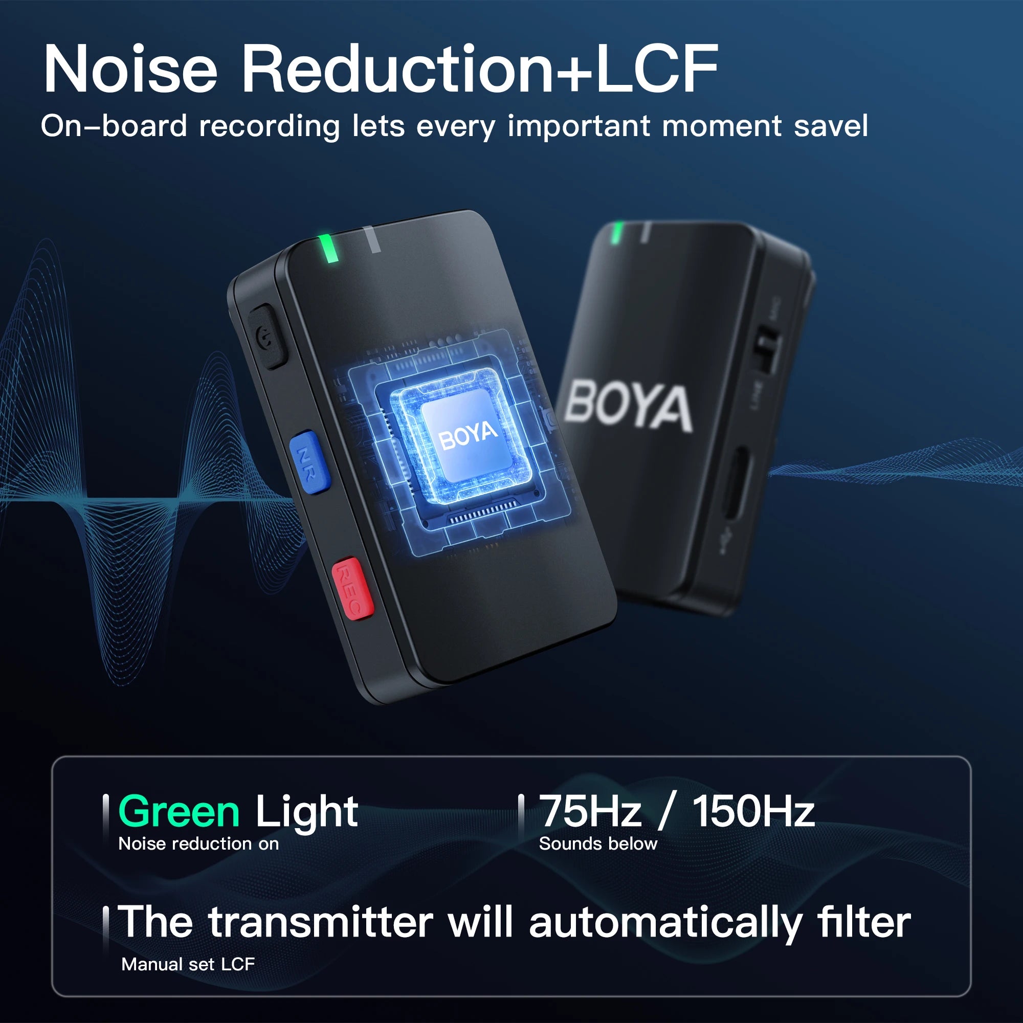 BOYA noise reduction device with green light indicator on a dark background