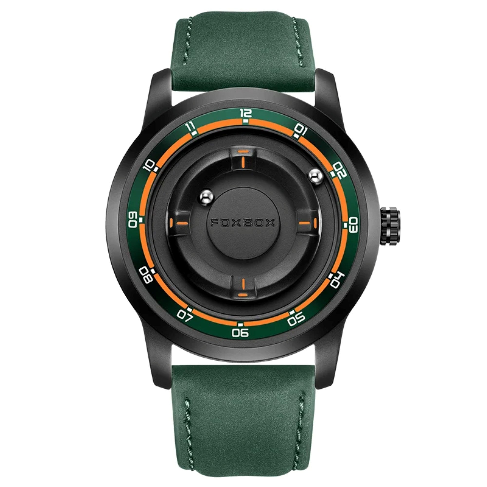 Watch with green strap and black dial on a white background