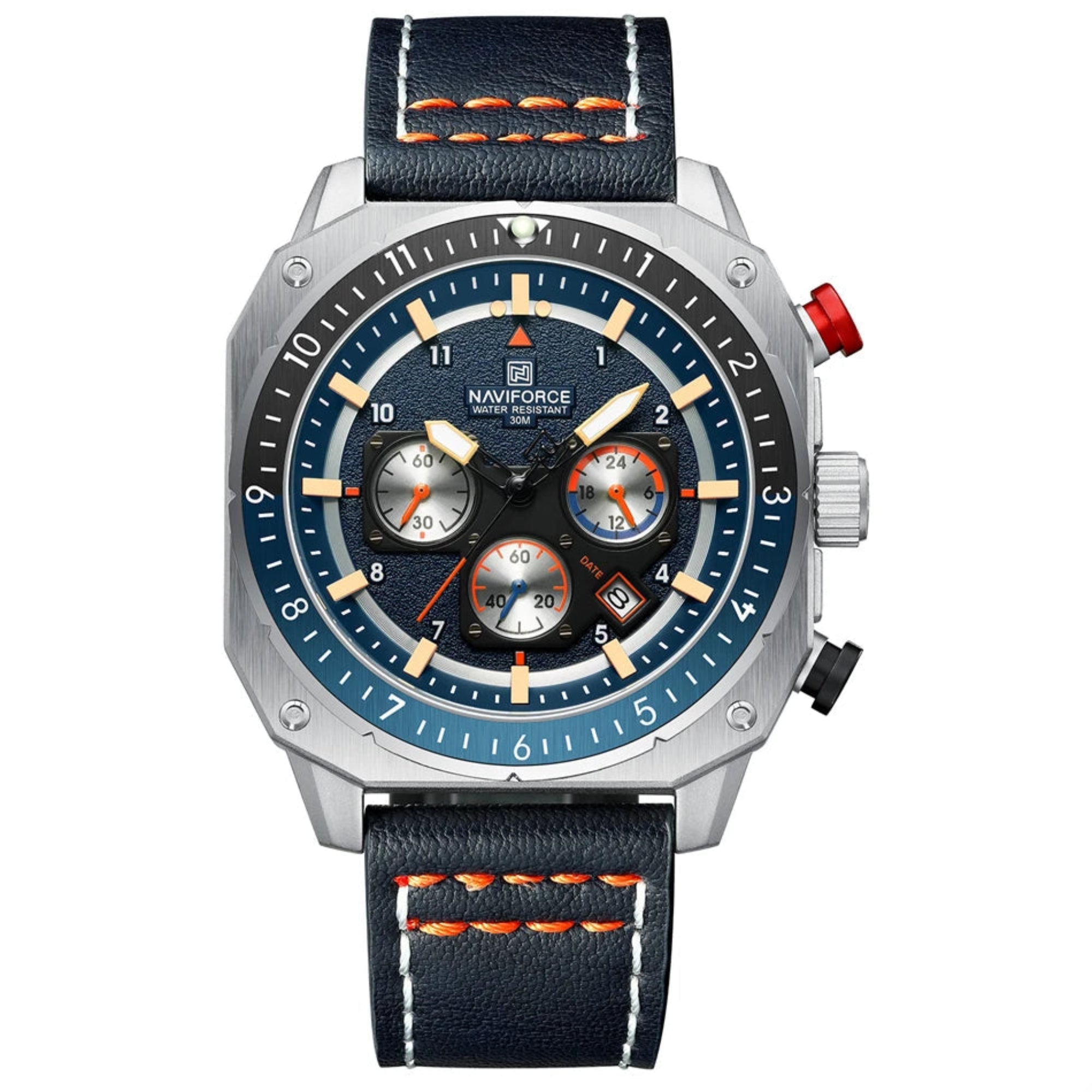 A multicolored sports multifunction waterproof watch for men with a leather band and a dial featuring luminous hands and a date display.