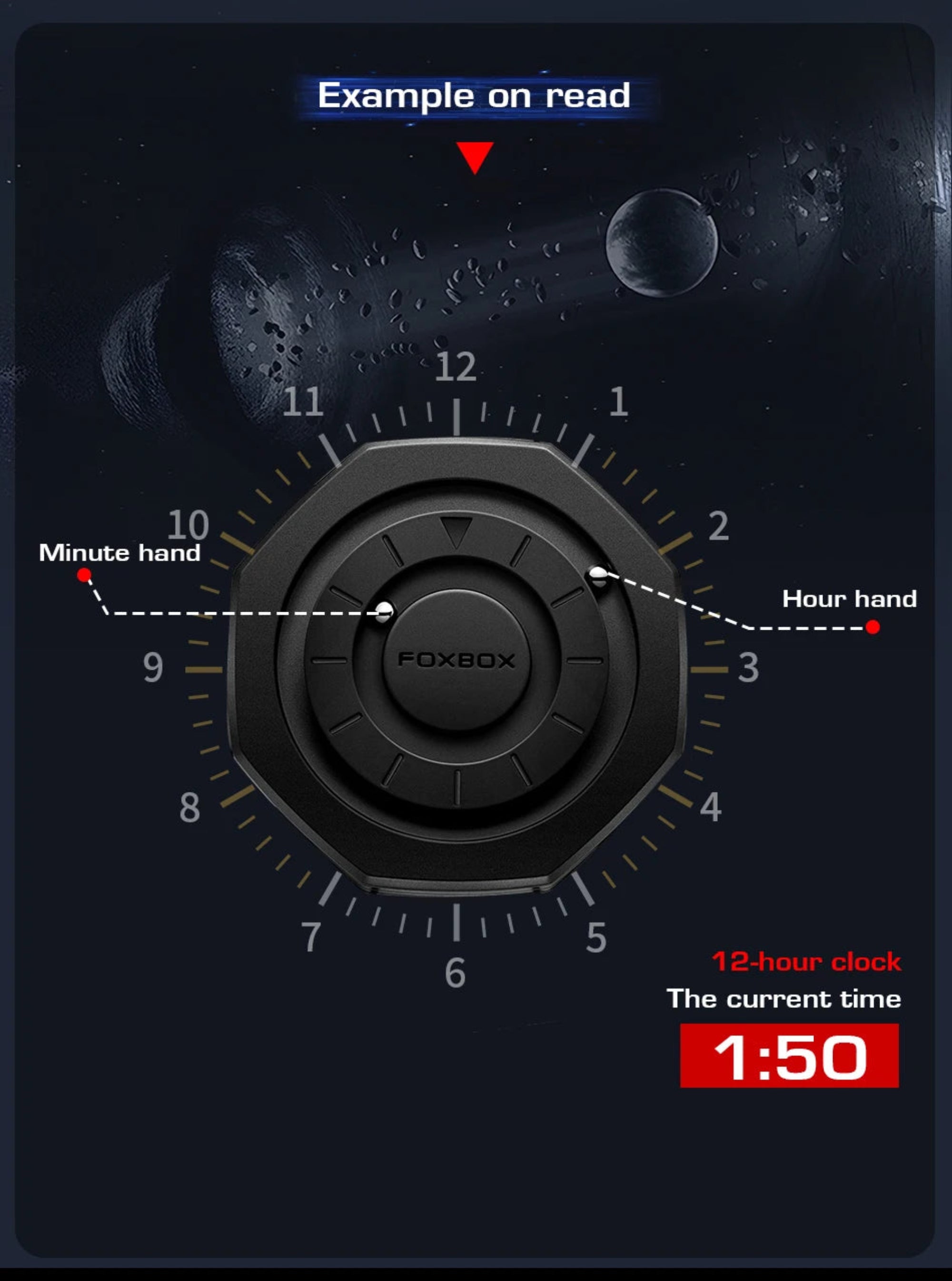 Magnetic clock display with a 12-hour clock interface, showing the time 1:50.