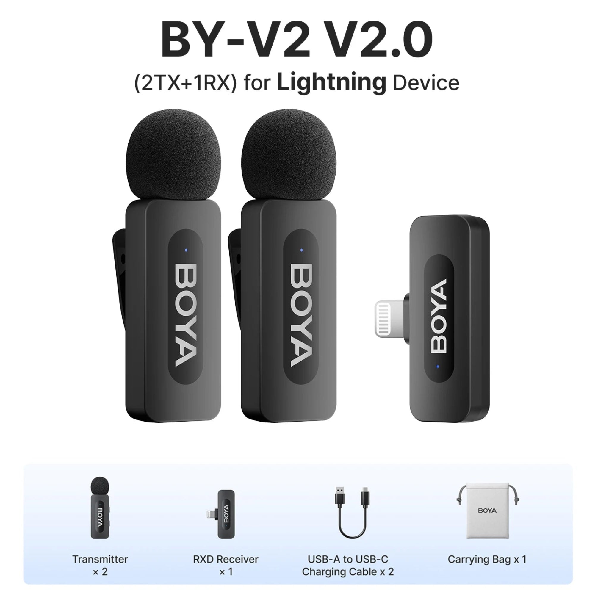 BOYA BY-V2 V2.0 wireless microphone system with transmitter, receiver, and accessories on a white background.