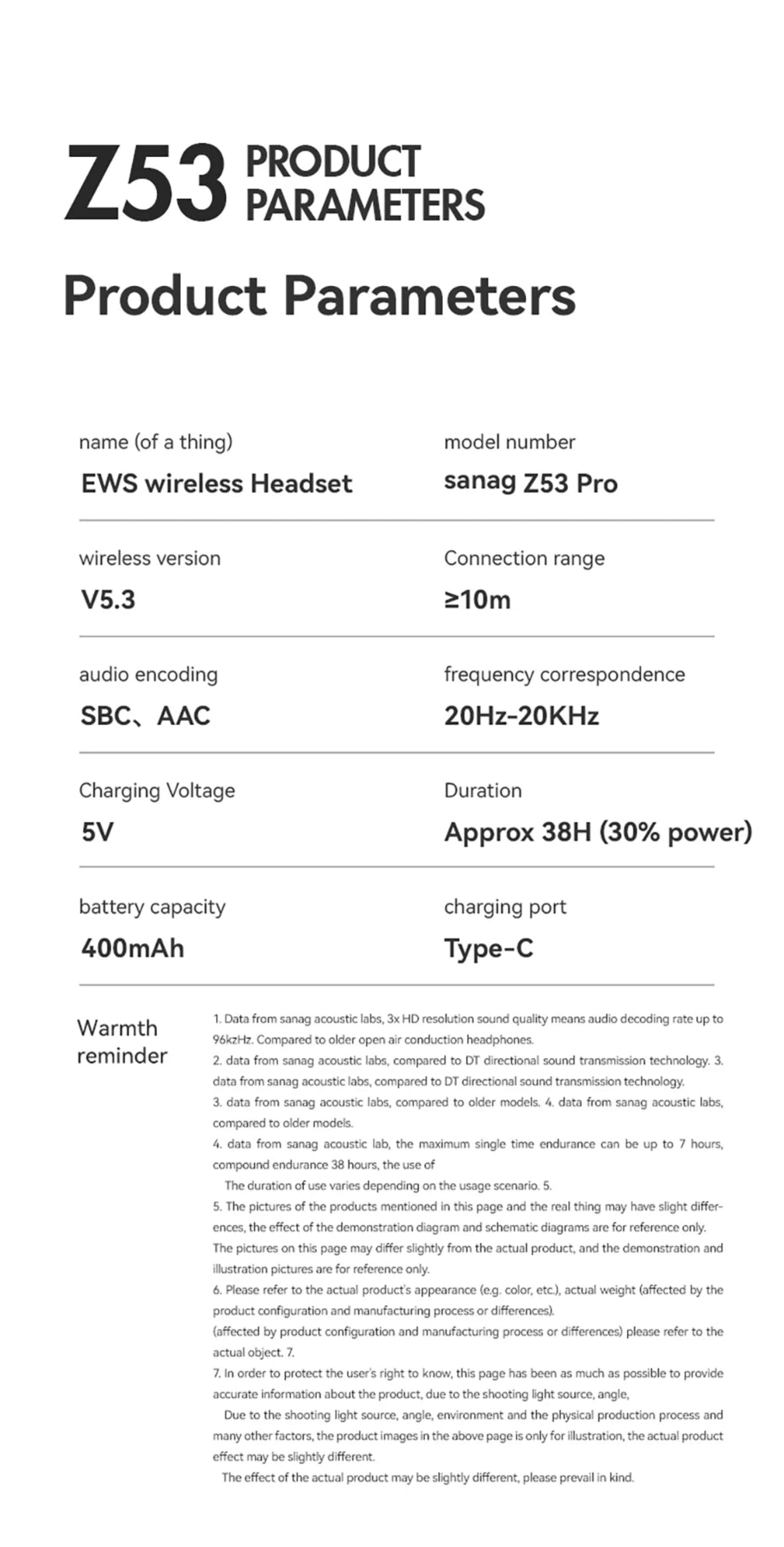 Product parameters of EWS wireless headset sanag Z53 Pro on a white background