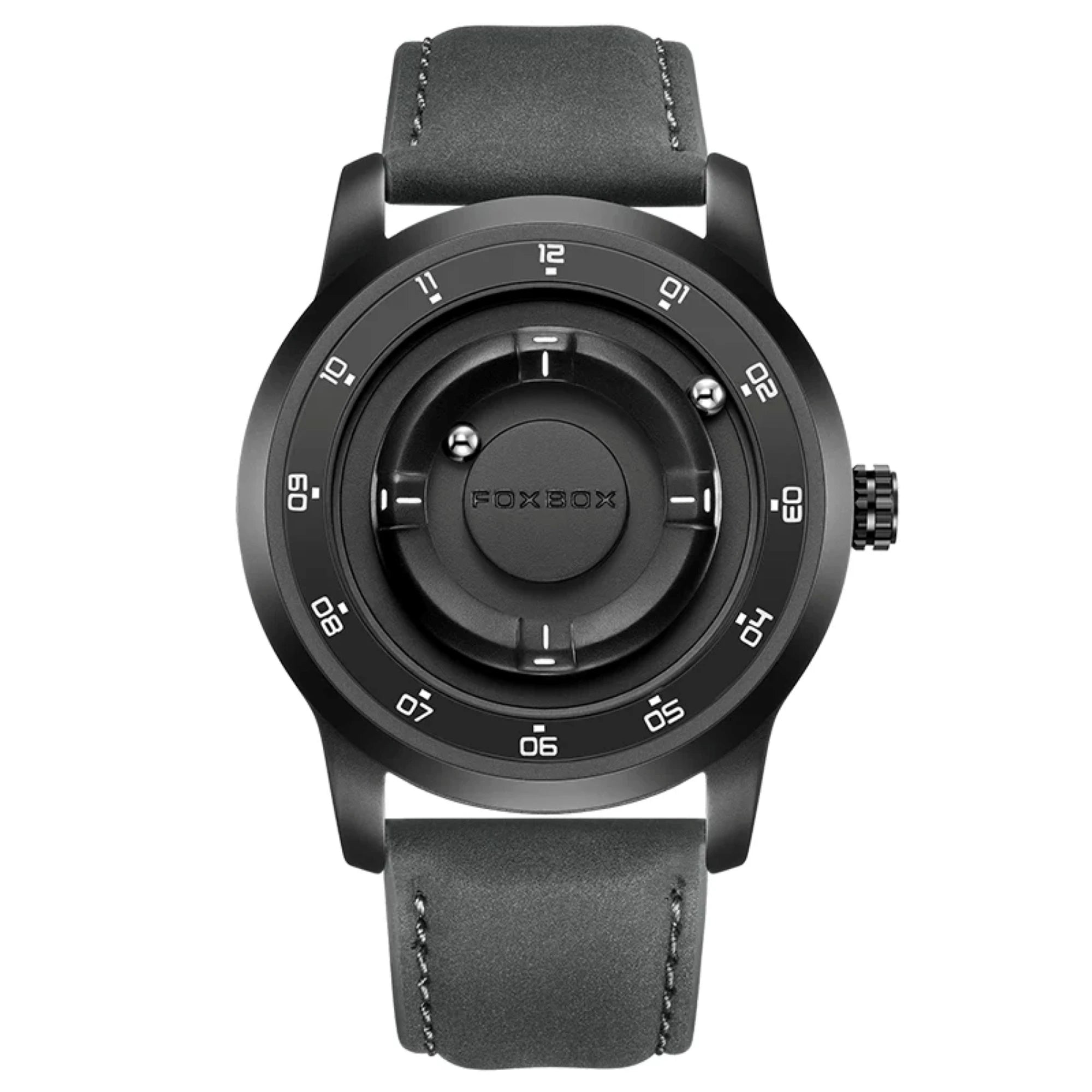 Black watch with gray leather strap on a white background