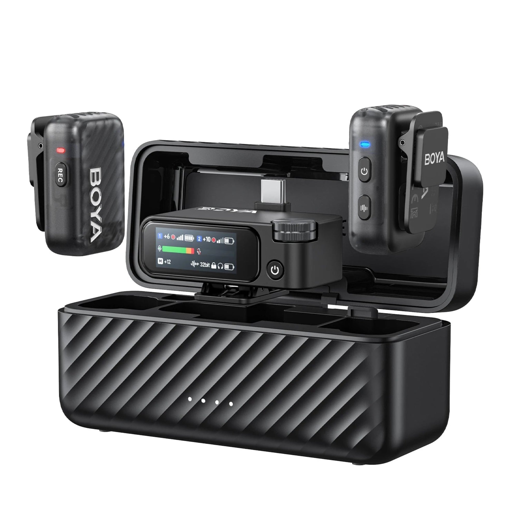 BOYA wireless microphone system with receiver and transmitter on a white background