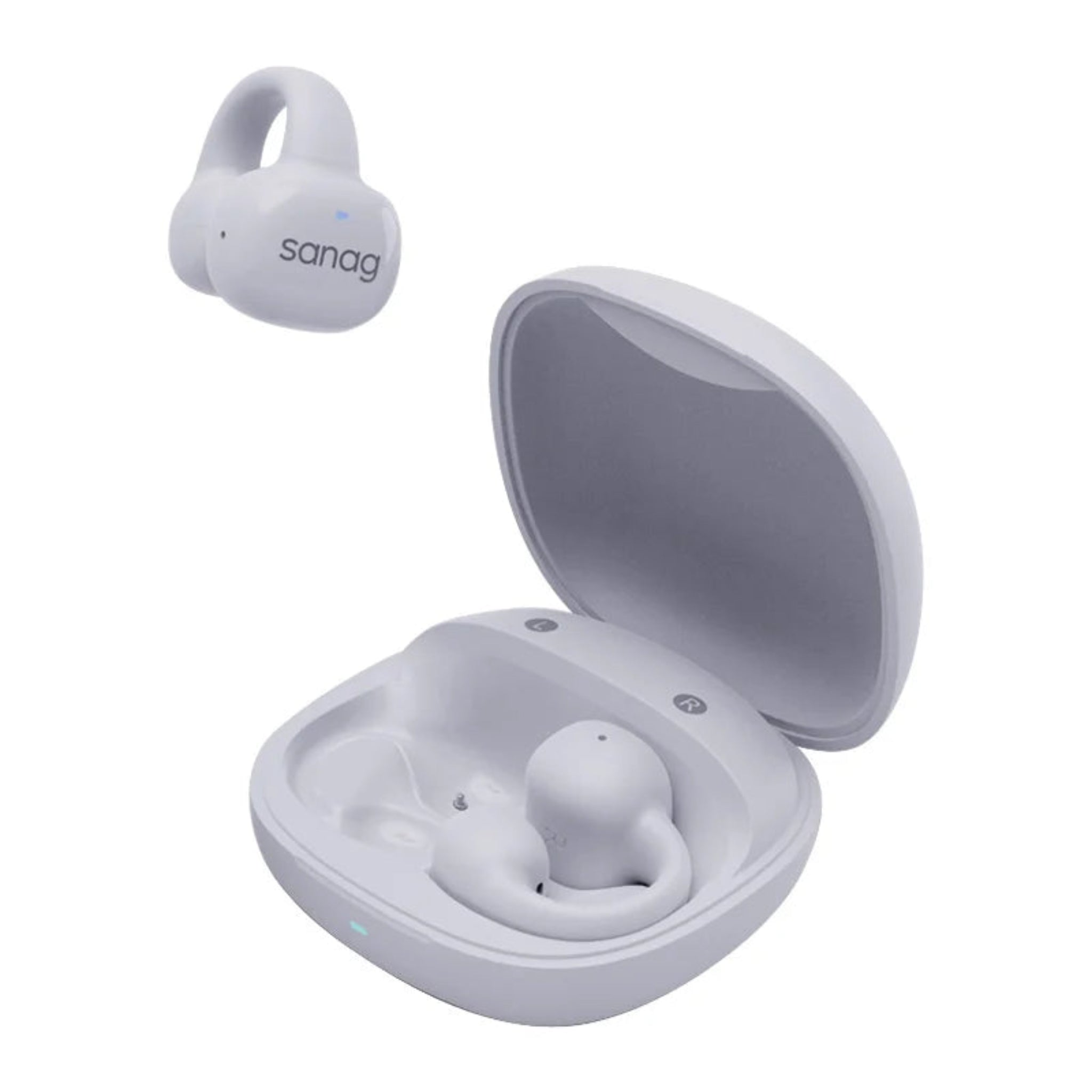 Sanag S5S HD Earphone, showing the earbuds and the charging case, in a transparent white color.