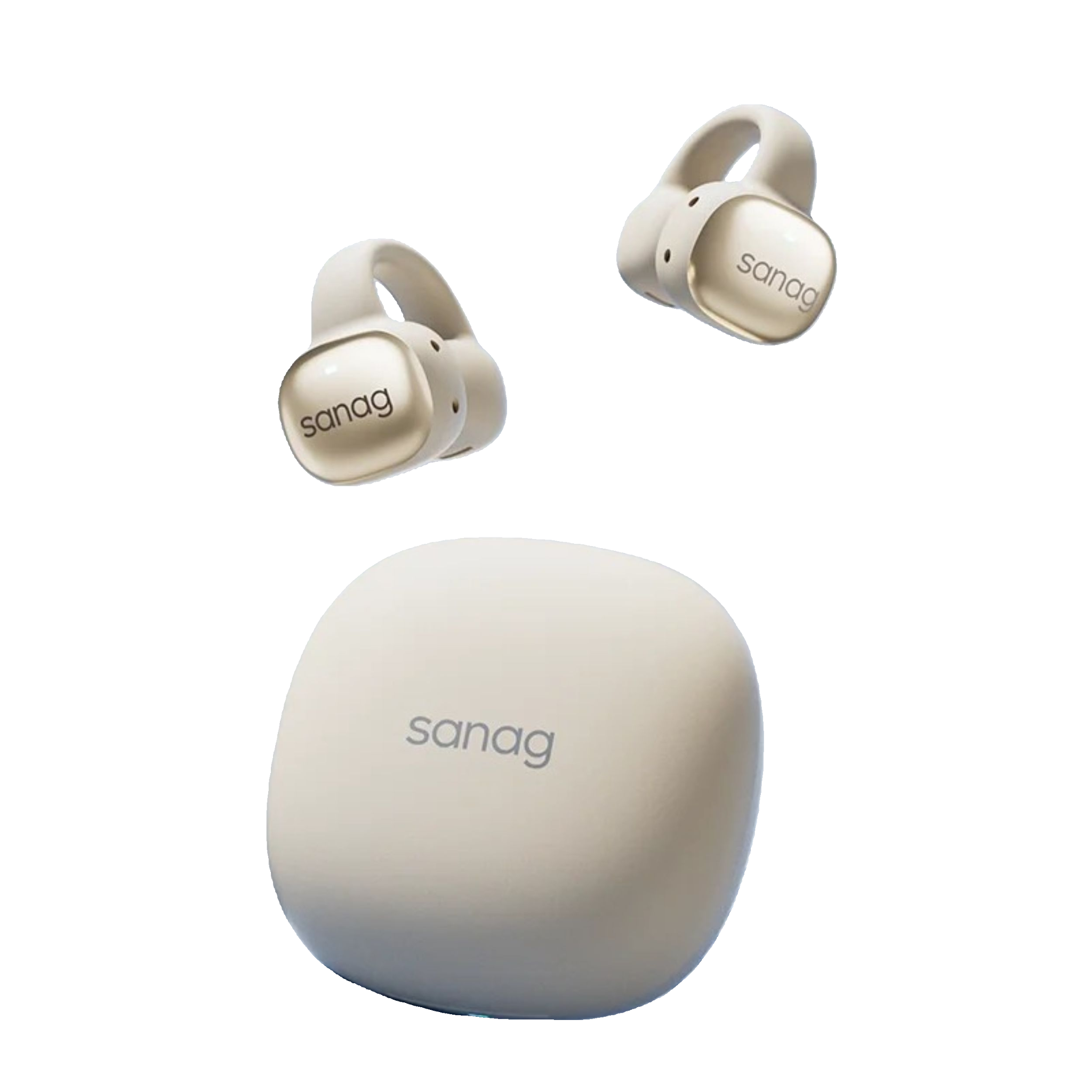 Sanag S5S HD Earphone, showing the earbuds and the charging case, in a transparent white color.
