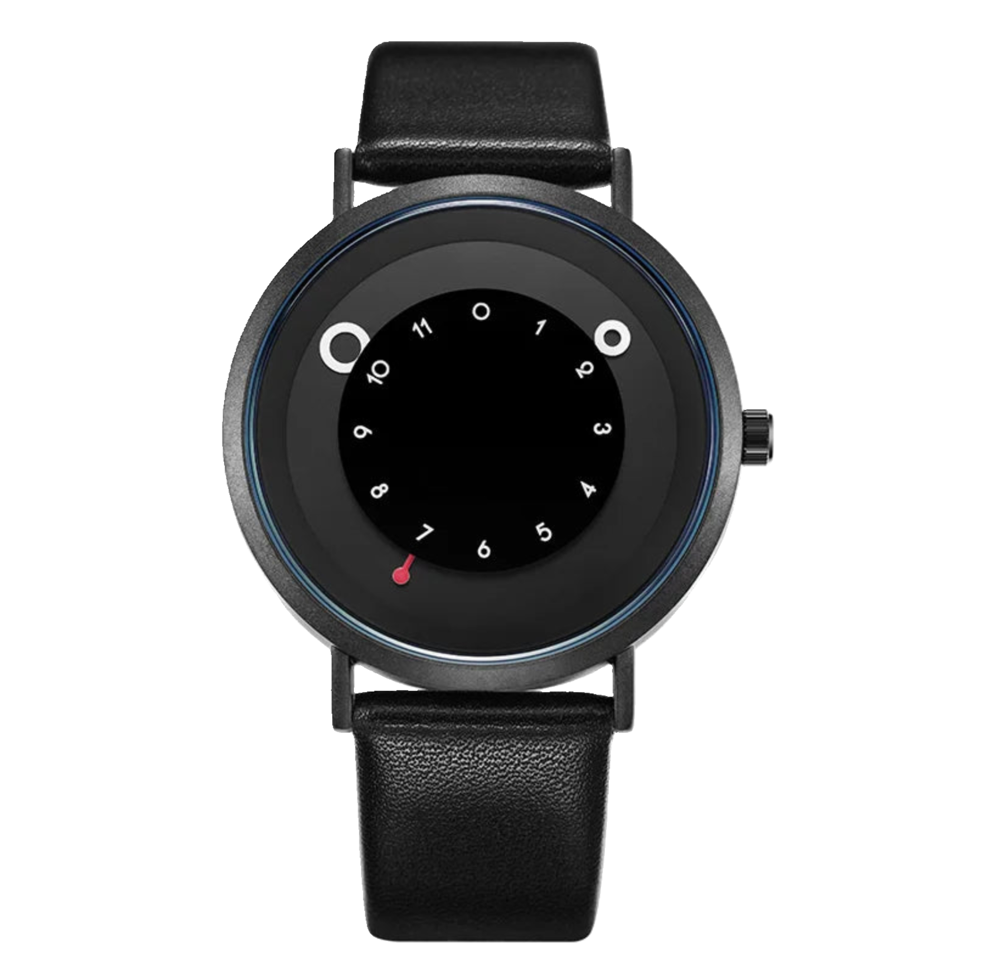 Black wristwatch with a unique dial design on a white background