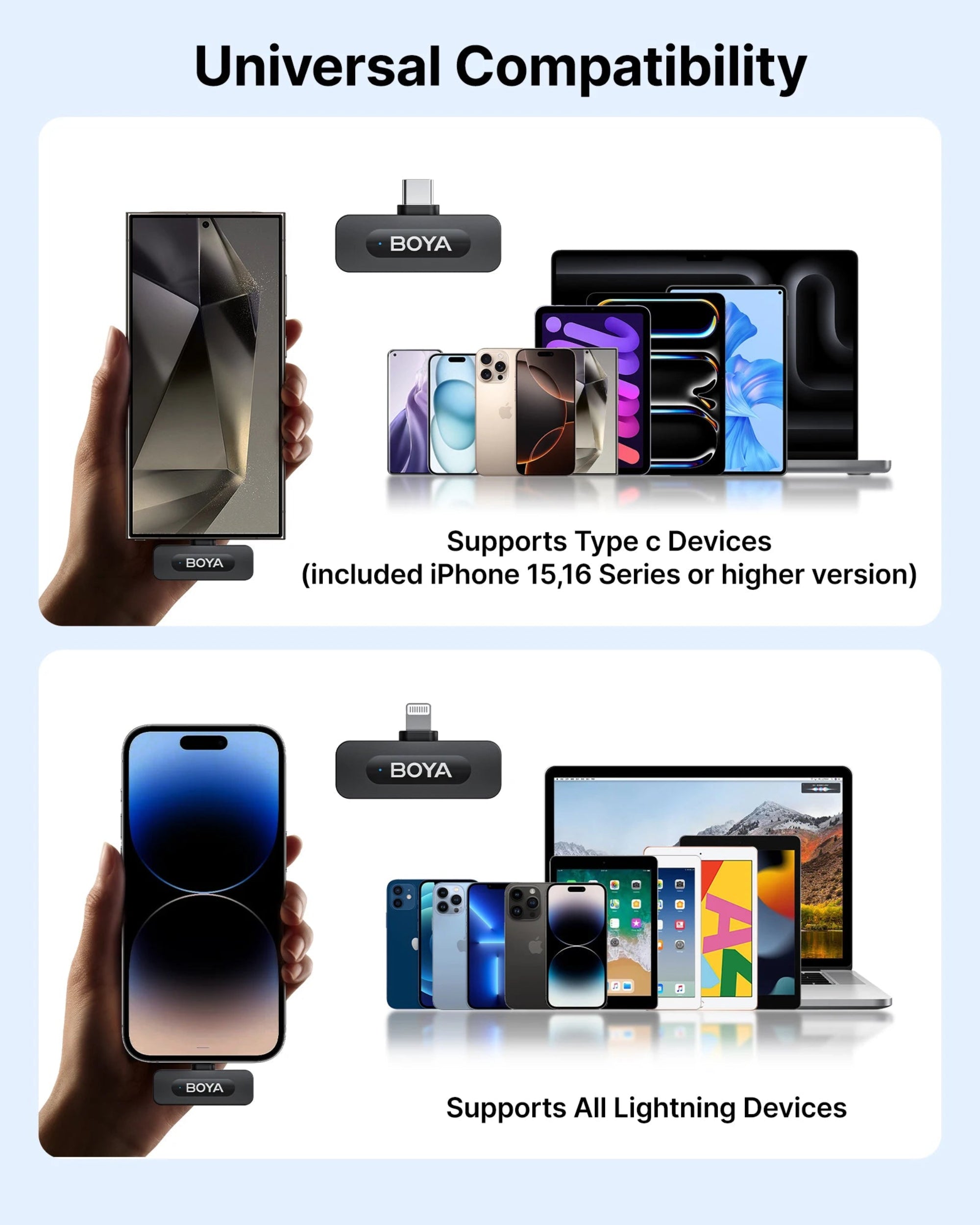 Product compatibility with various devices including smartphones, tablets, and laptops on a light blue background.