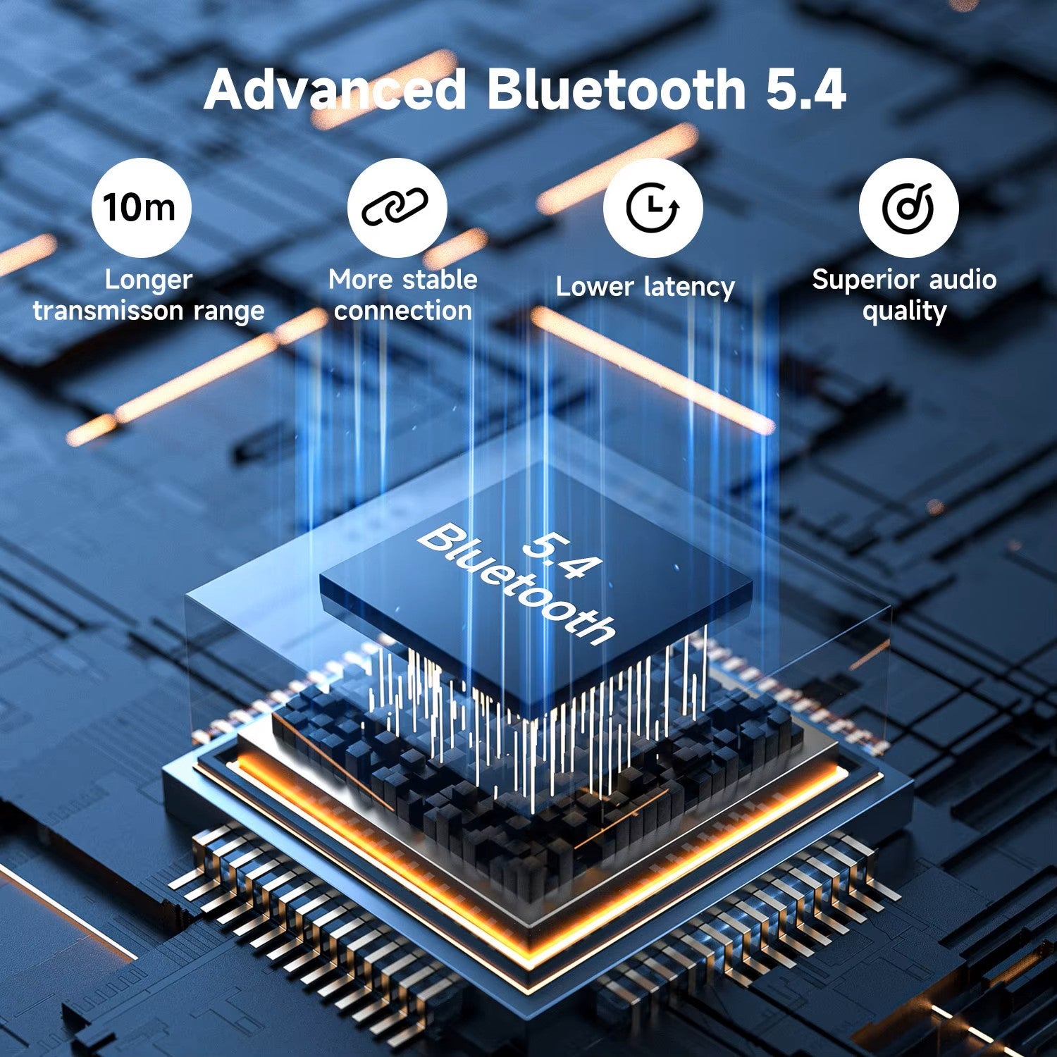 Illustration of a Bluetooth chip with features highlighted on a circuit board background