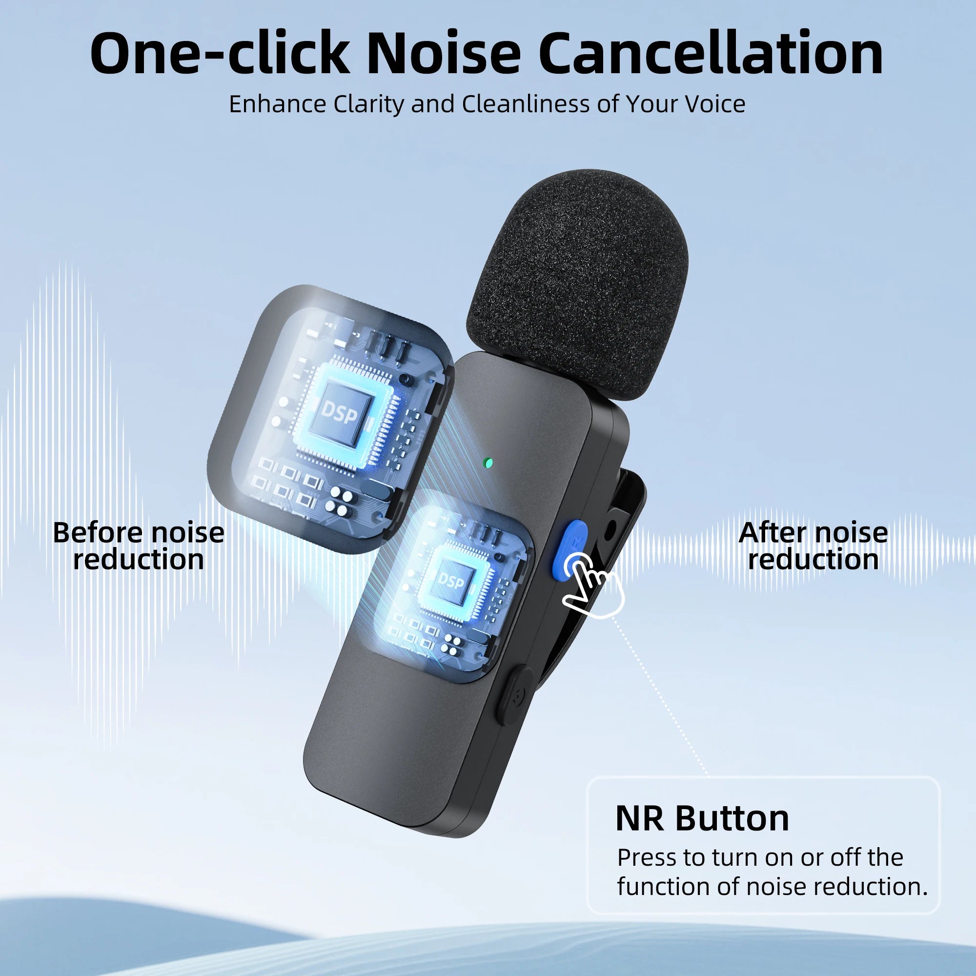 Microphone with noise cancellation technology on a light blue background