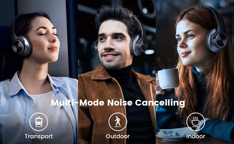 Three people wearing headphones with text 'Multi-Mode Noise Cancelling' and icons below.