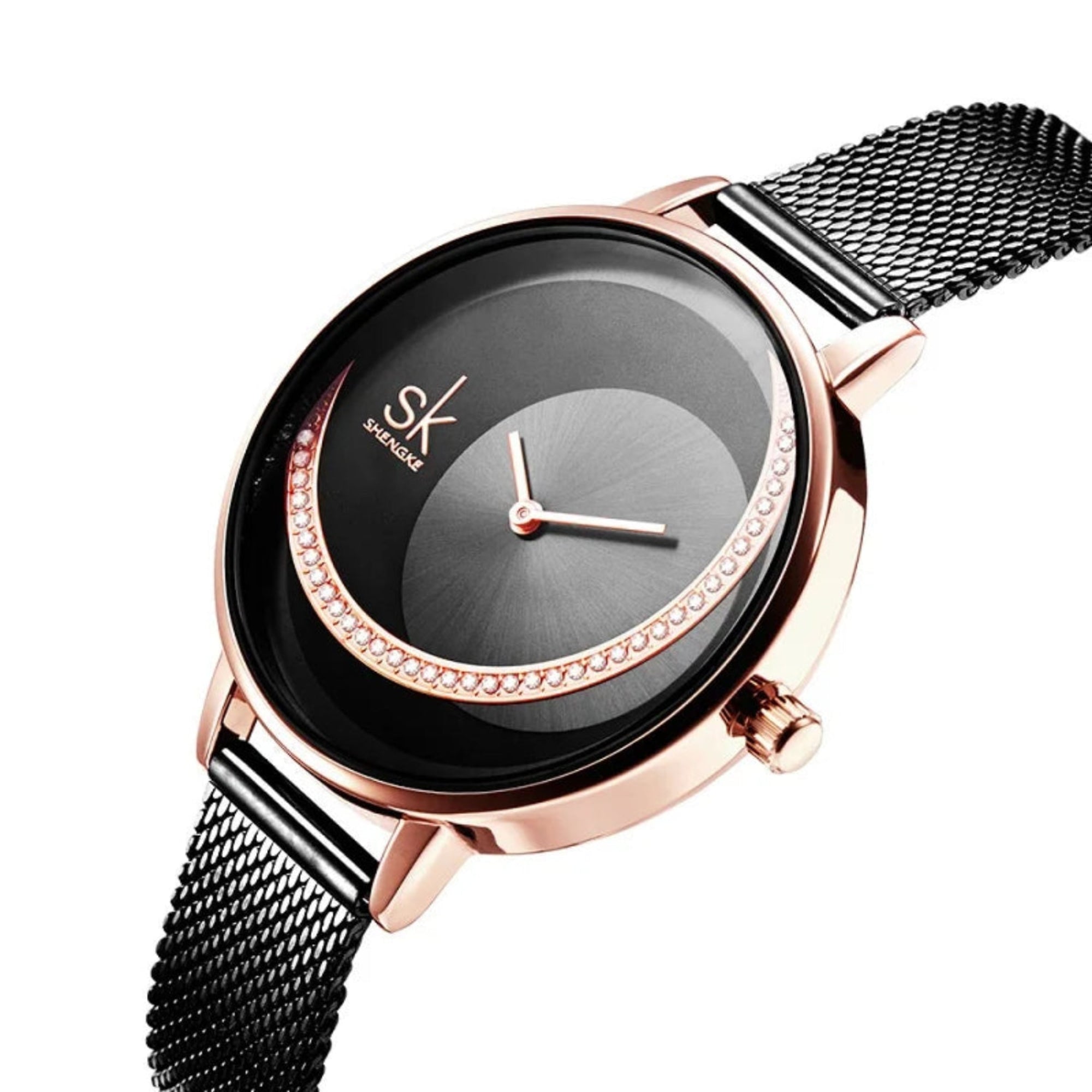 Wristwatch with black face and rose gold casing on a white background