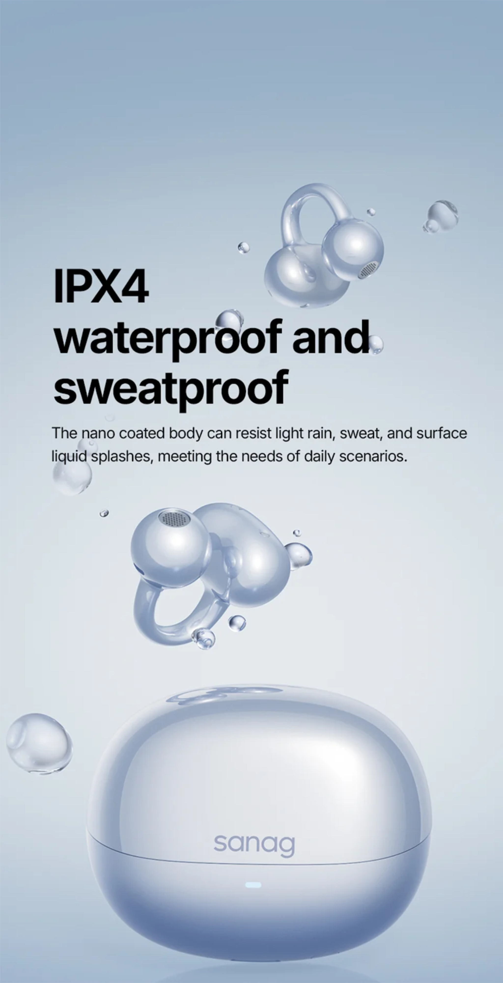 Product with IPX4 waterproof and sweatproof feature on a light blue background