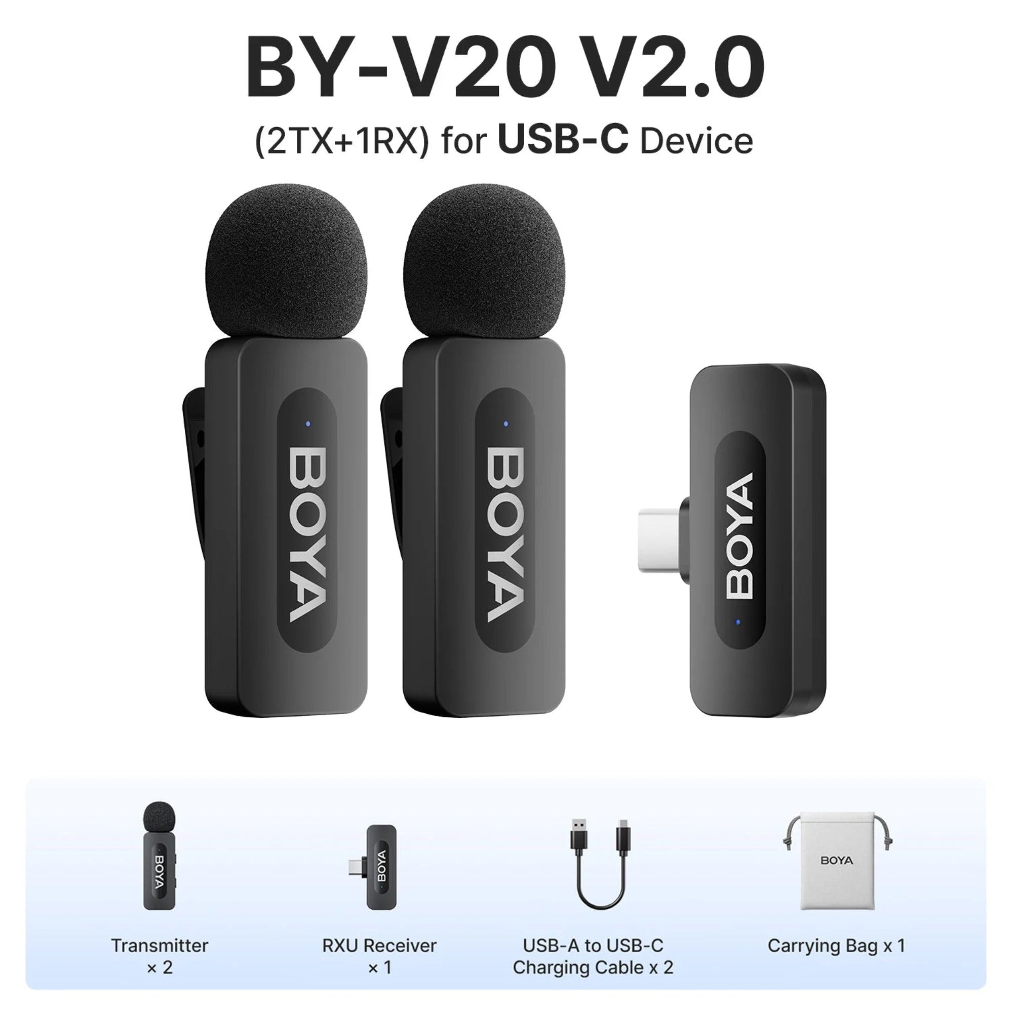 BOYA BY-V20 V2.0 microphone system with transmitter, receiver, and USB cable on a white background