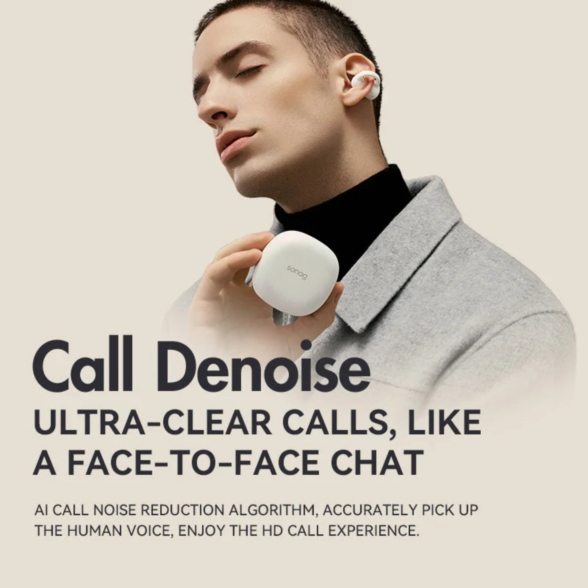 Person wearing wireless earbuds with text about Call Denoise technology on a beige background