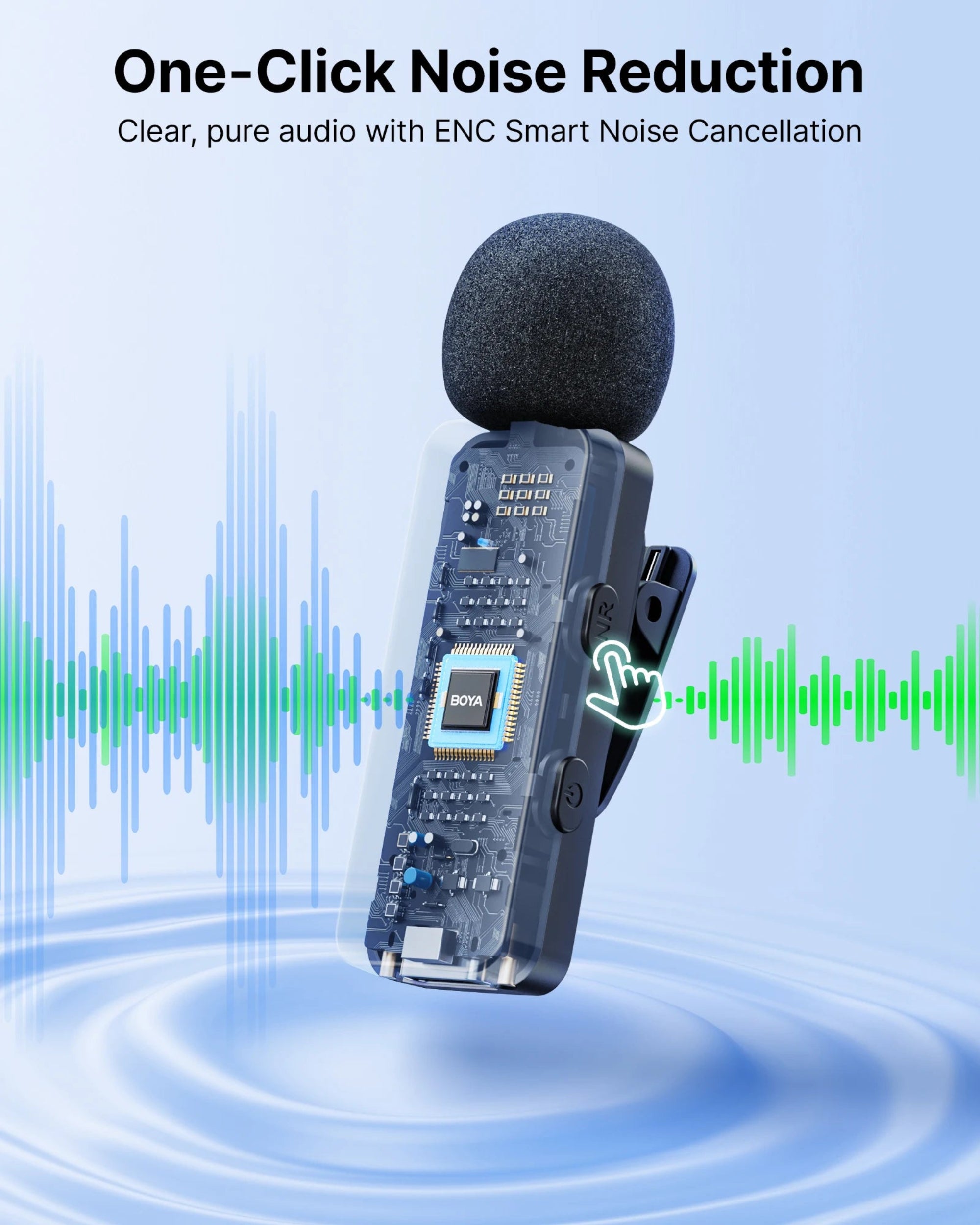 Microphone with noise reduction technology on a blue background