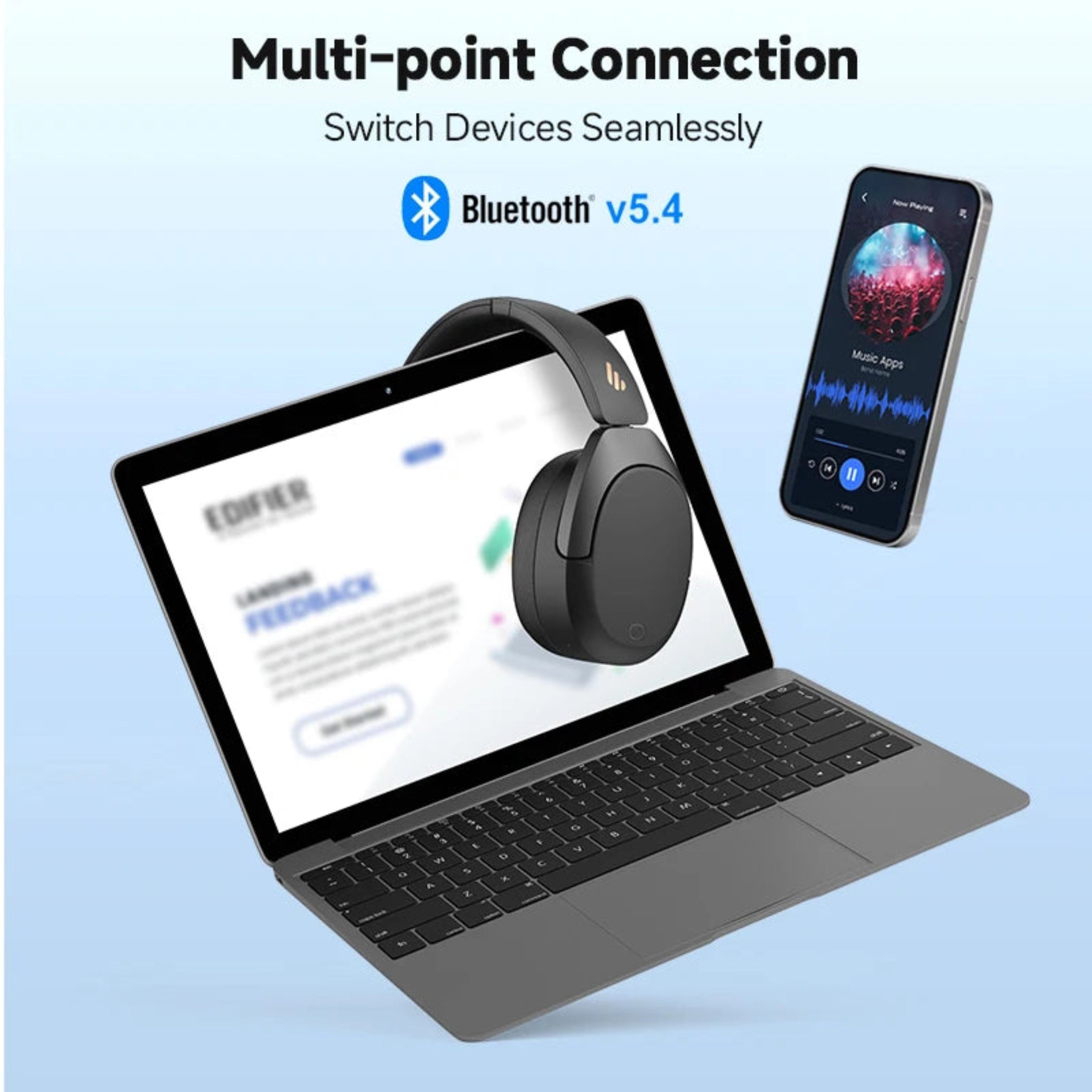 Laptop with headphones and smartphone on a light blue background, featuring Bluetooth v5.4.