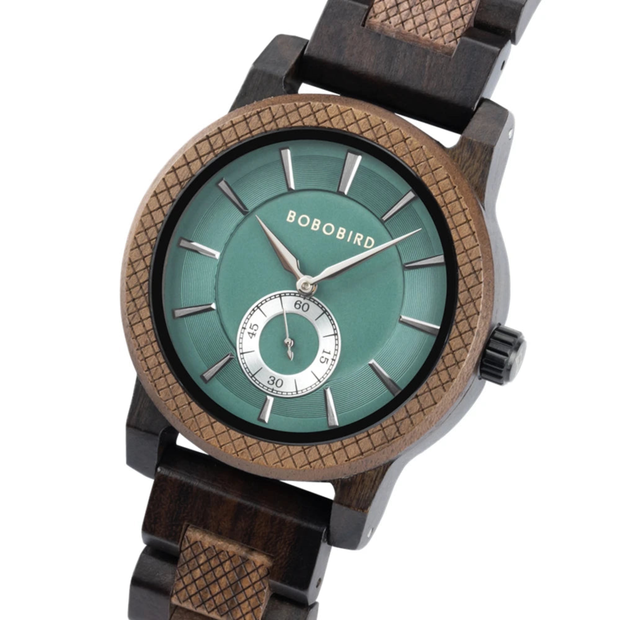 Wooden watch with green face and brown strap on a white background