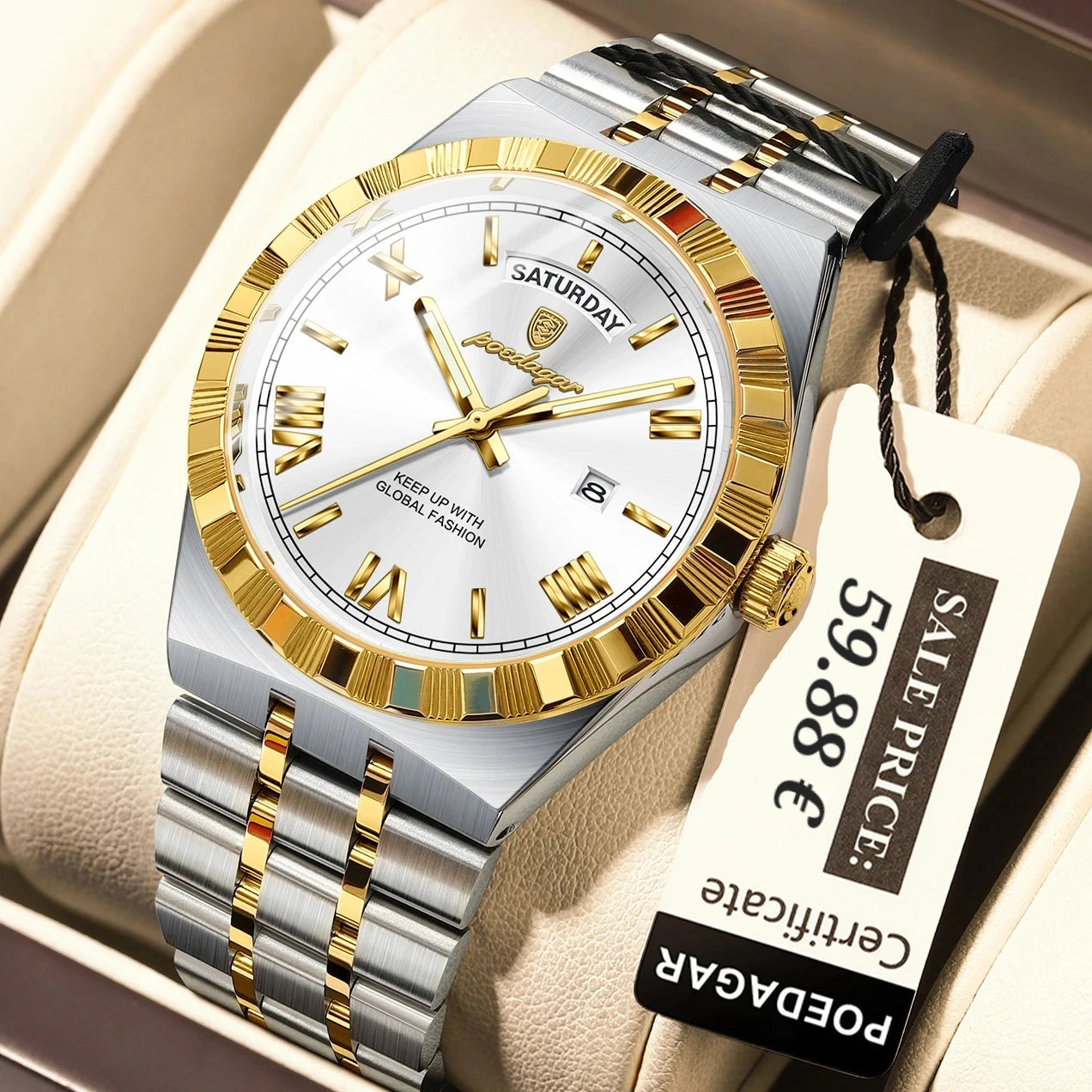 A luxury-style wristwatch with a silver and gold-tone metal link bracelet, a gold bezel, and a white dial with gold hour markers and hands. The watch is displayed inside a beige presentation box with a paper price tag attached.