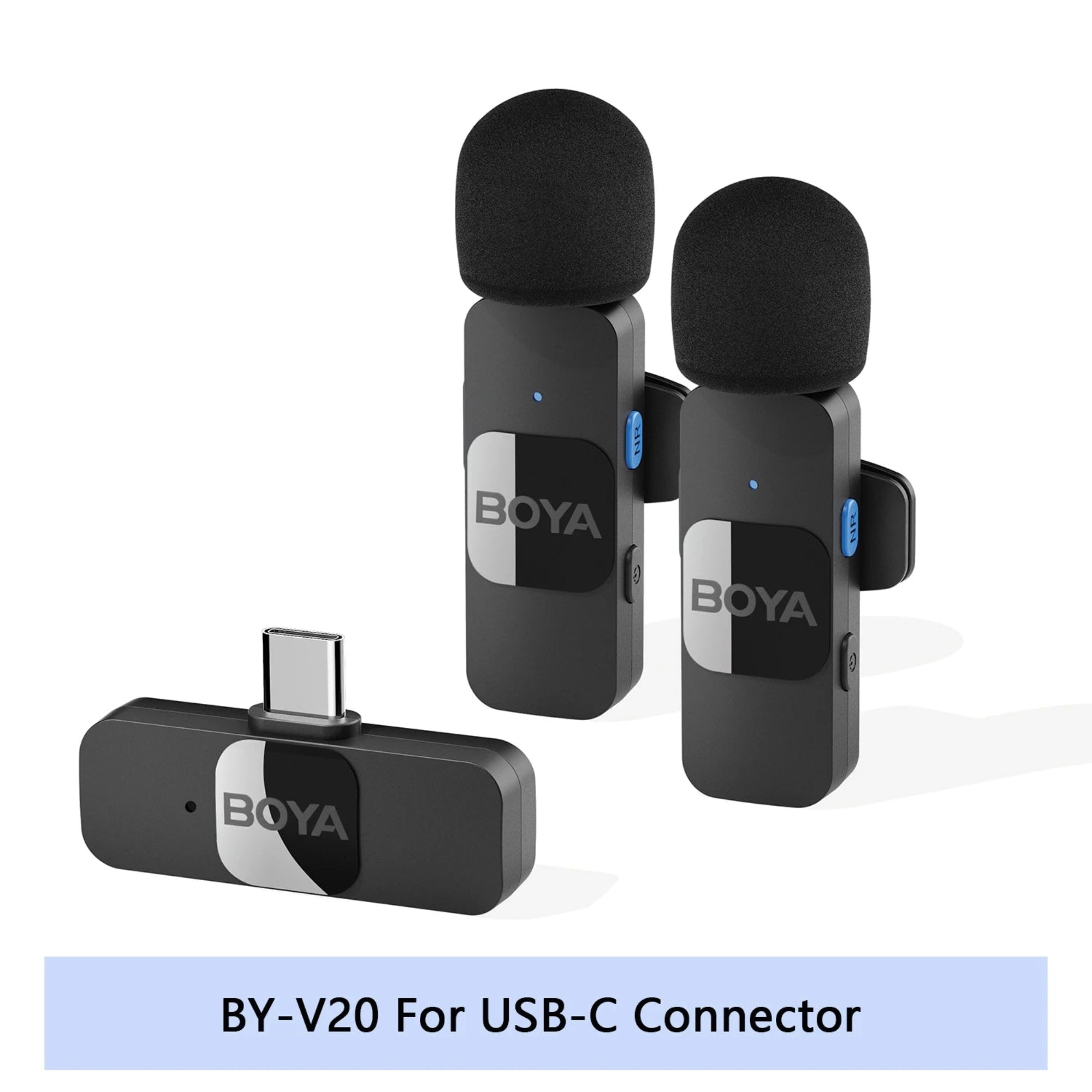 BOYA BY-V20 wireless microphone system with USB-C connector on a white background