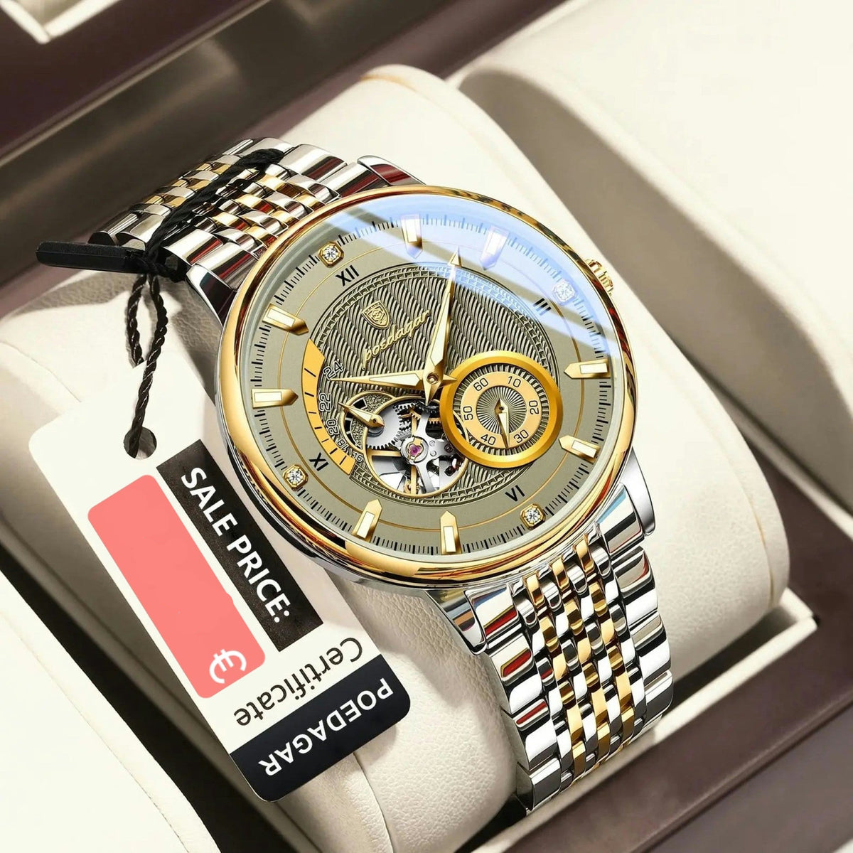 Luxury watch with gold and silver band on a white cushion, price tag visible.