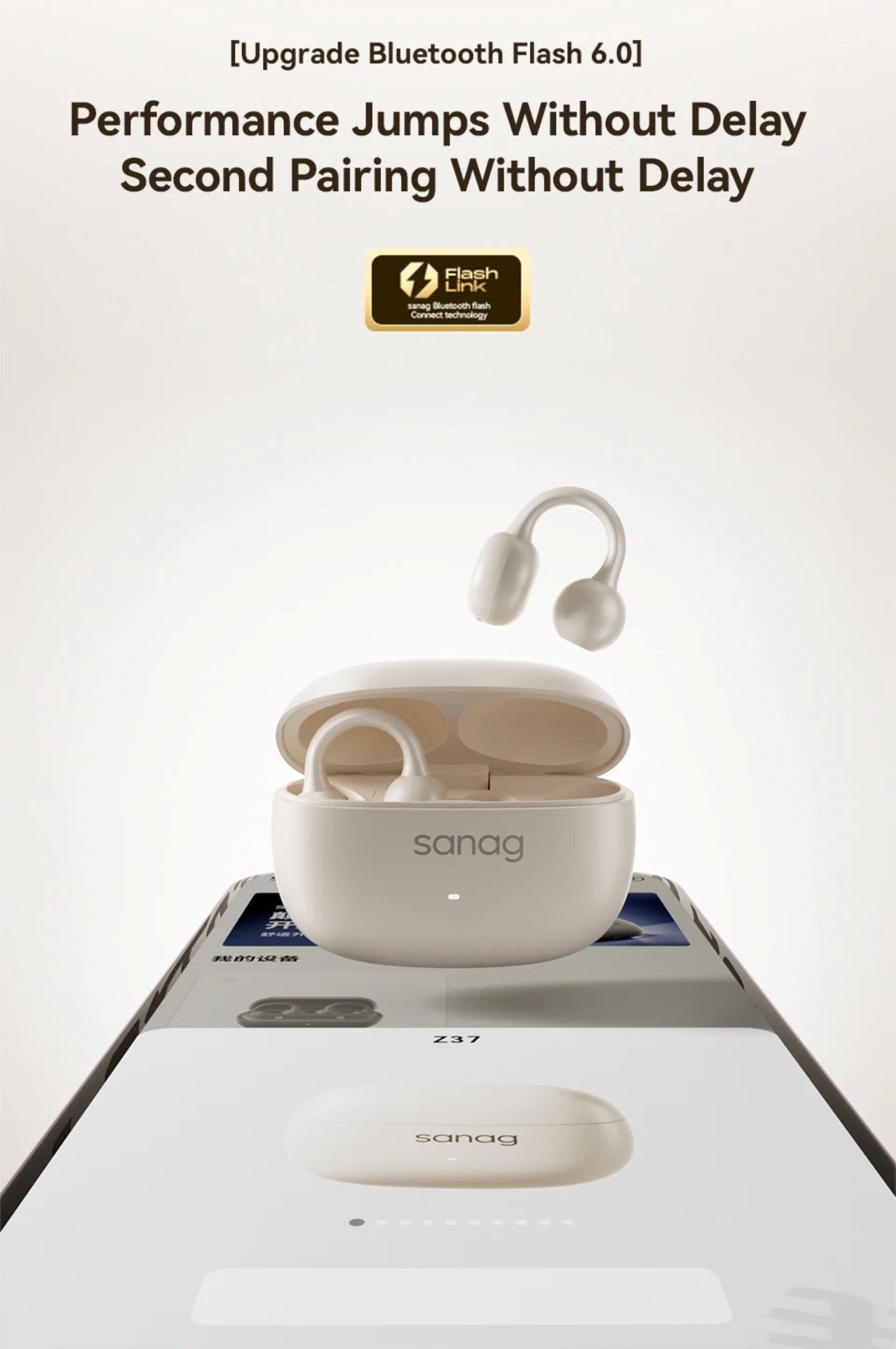 White wireless earbuds with charging case on a white background, featuring the brand 'sanag'.
