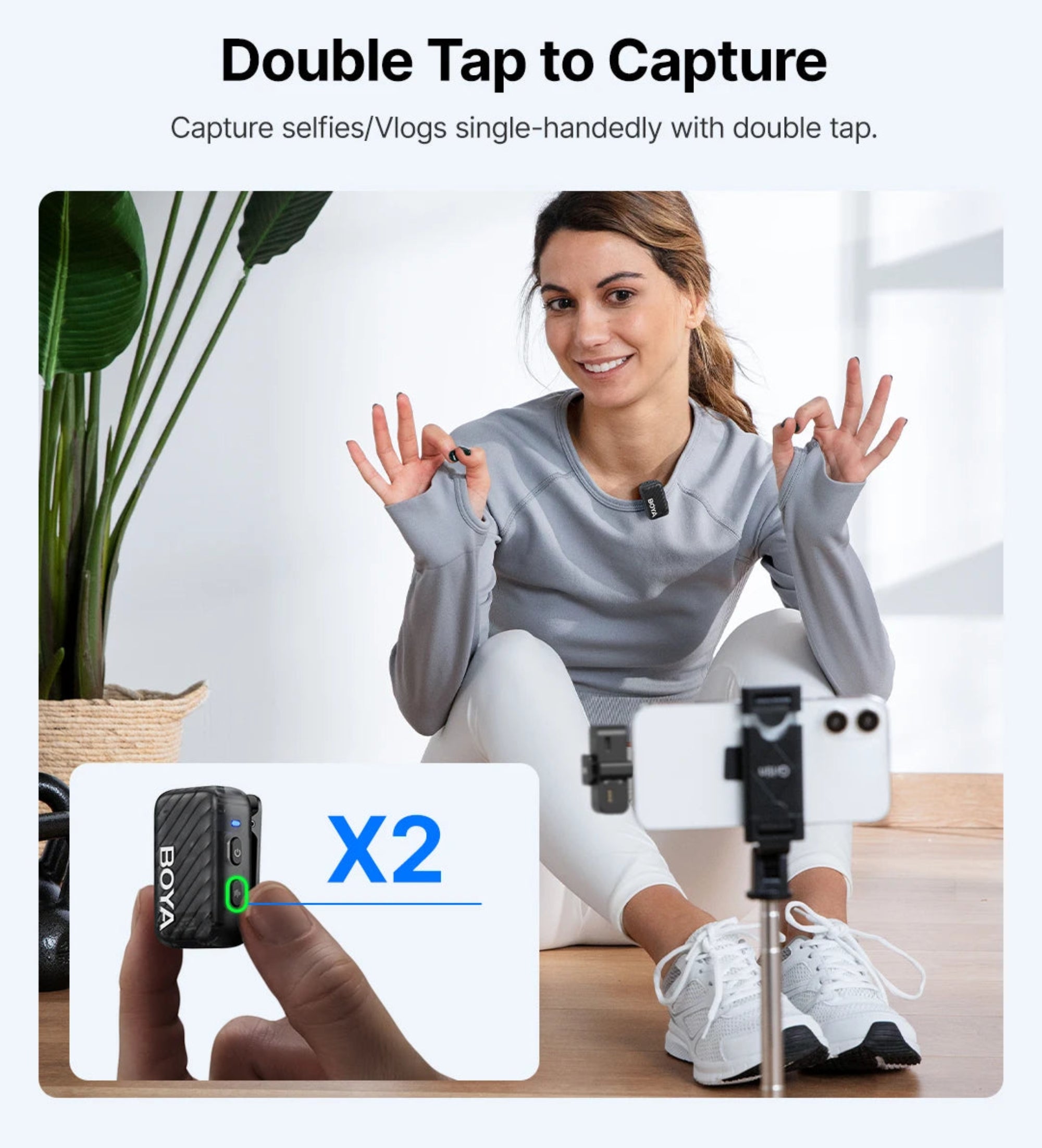 Woman using a BOYA BY-C9X2 microphone for video recording with text 'Double Tap to Capture' on a white background.