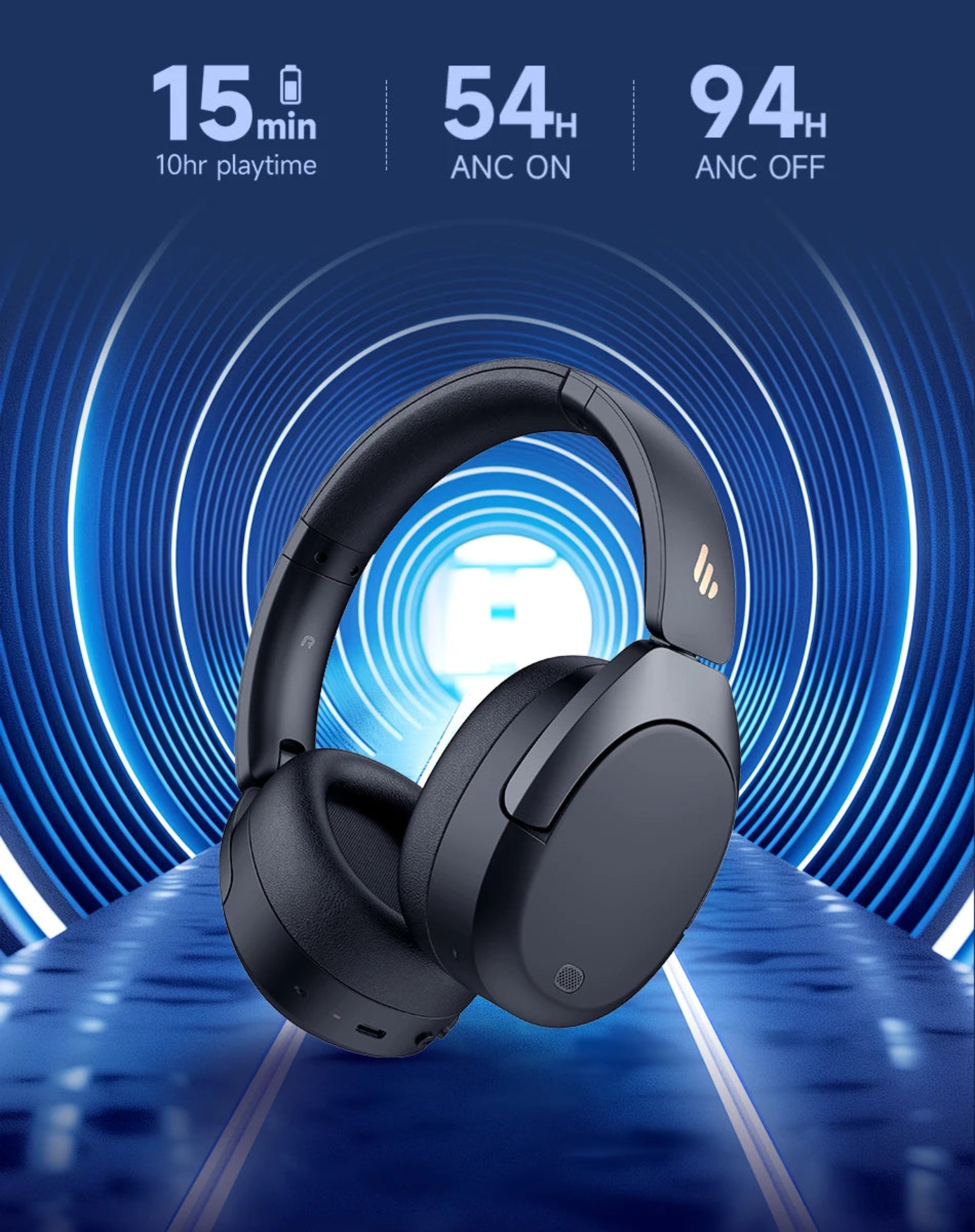Black headphones with battery life indicators on a blue circular background