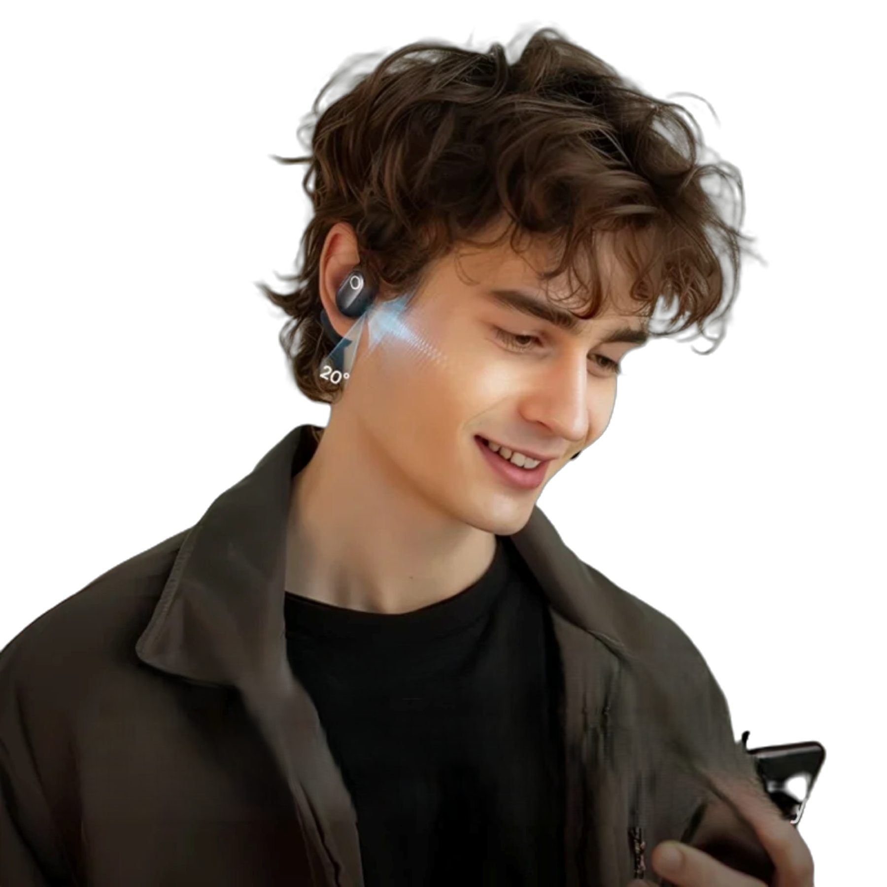 Man wearing a wireless earbud and looking at his phone on a white background