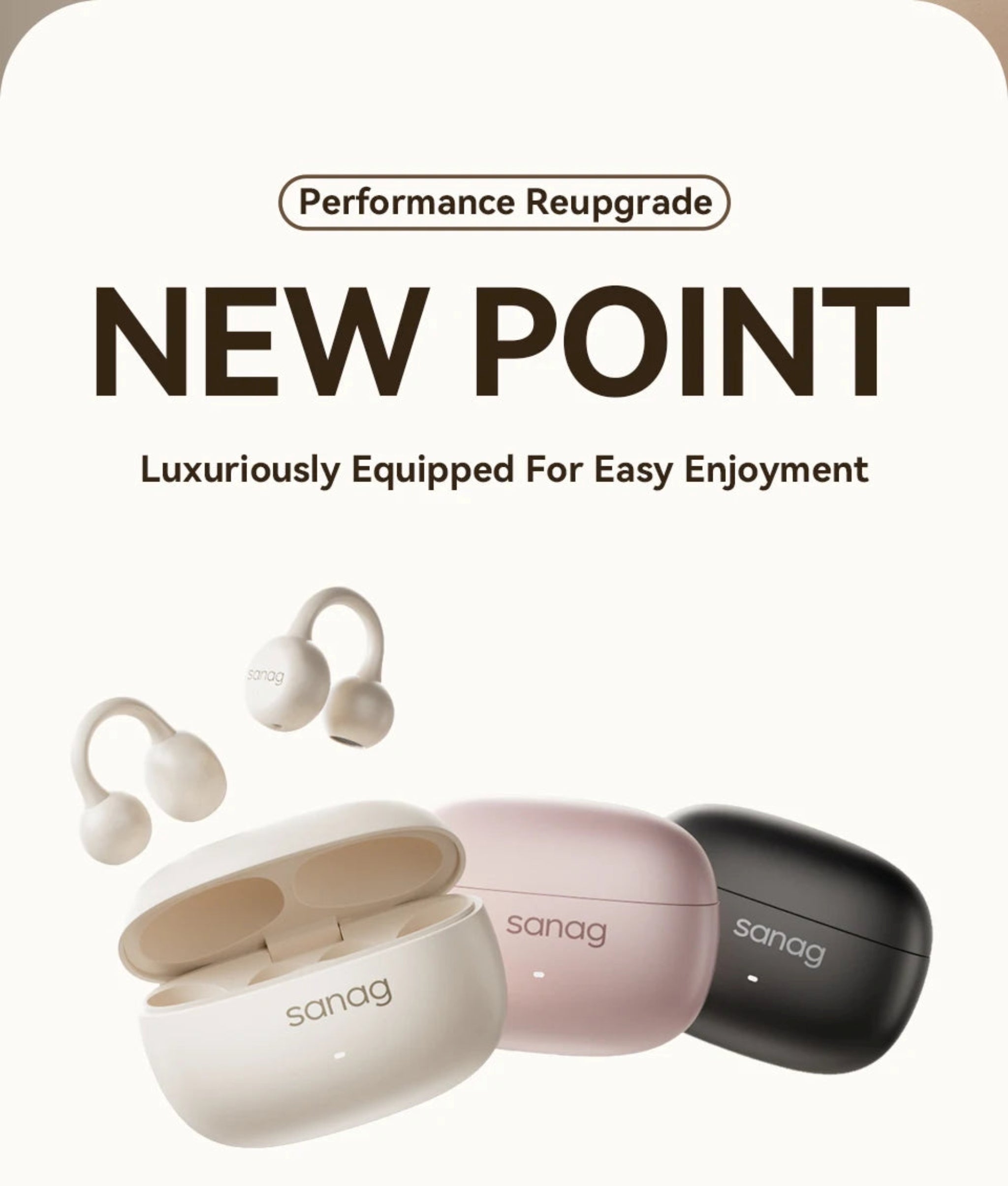 Wireless earbuds with charging case on a white background, featuring the brand 'sanag'.