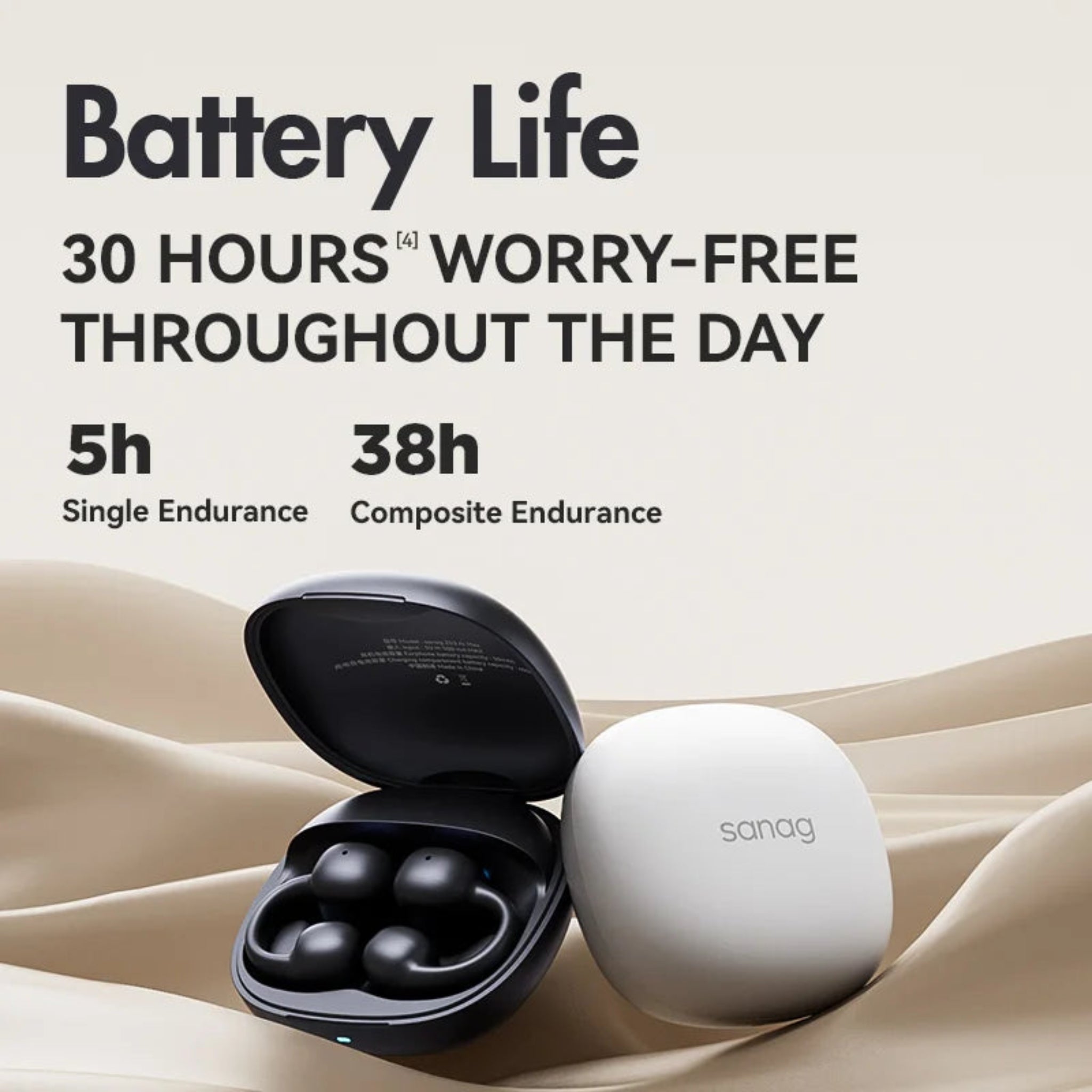 Sanag earbuds with charging case on a beige fabric background, displaying battery life information.