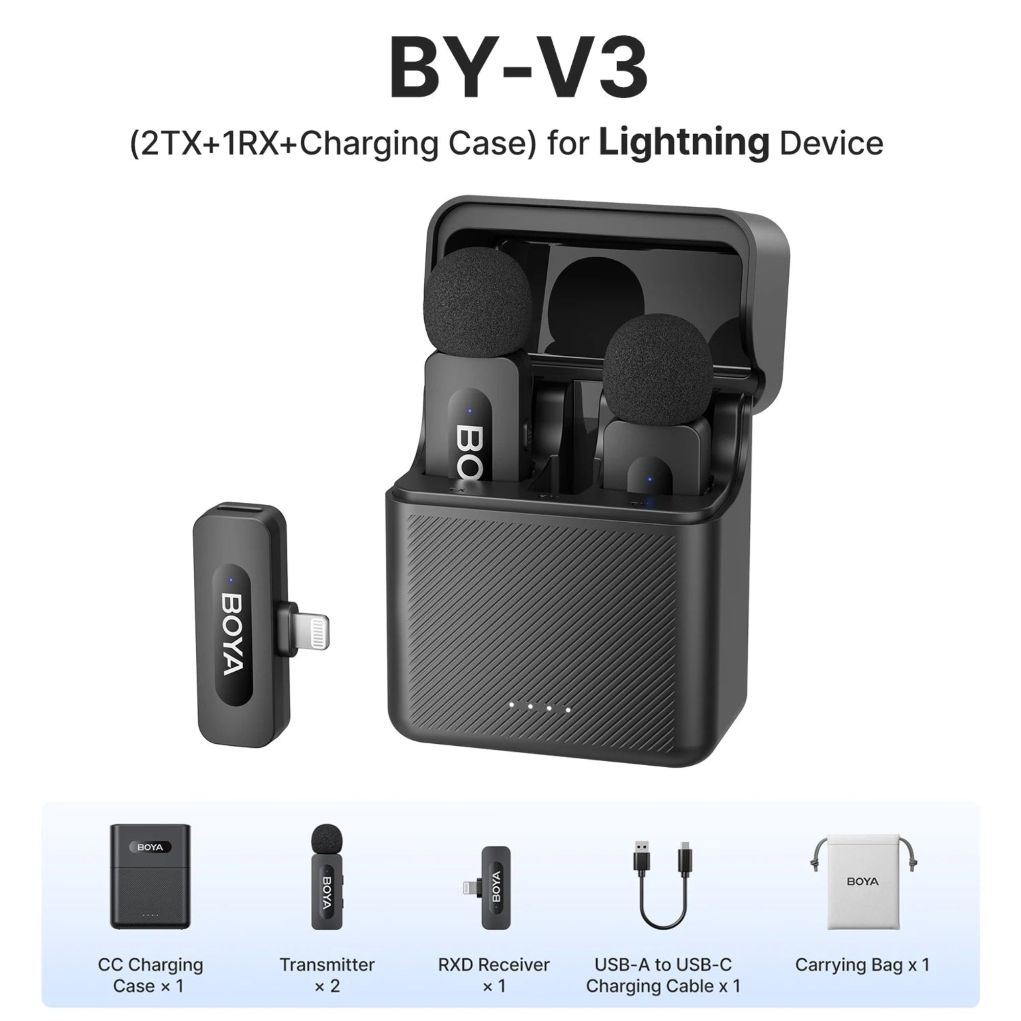 Boya BY-V3 wireless microphone system with charging case on a white background