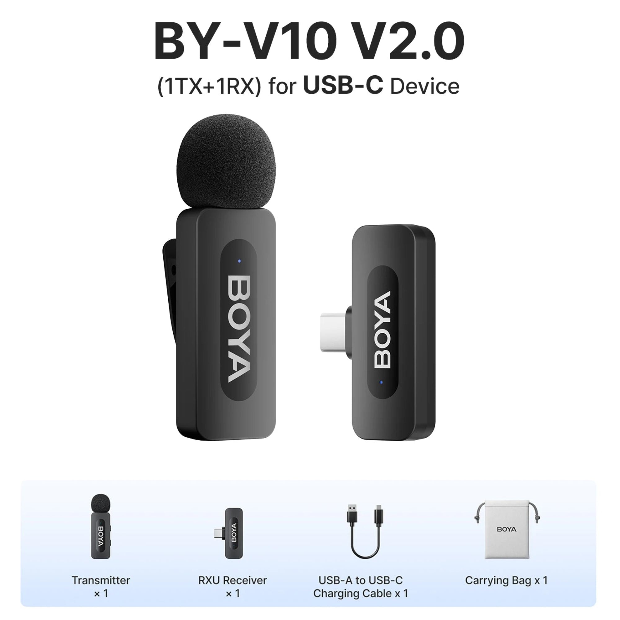 BOYA BY-V10 V2.0 wireless microphone system with transmitter, receiver, charging cable, and carrying bag on a white background.