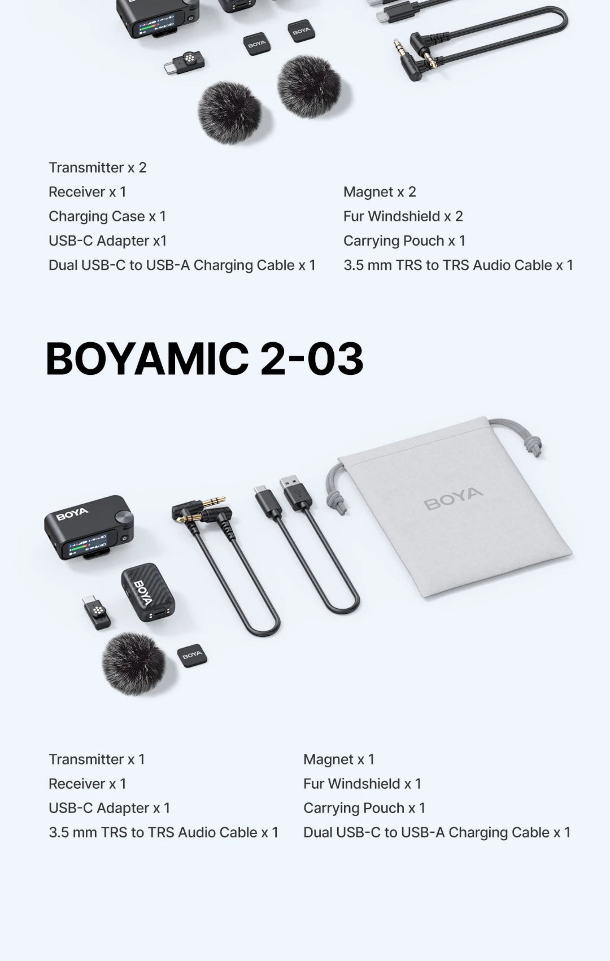 Boyamic 2-03 product packaging with all included items listed on a white background