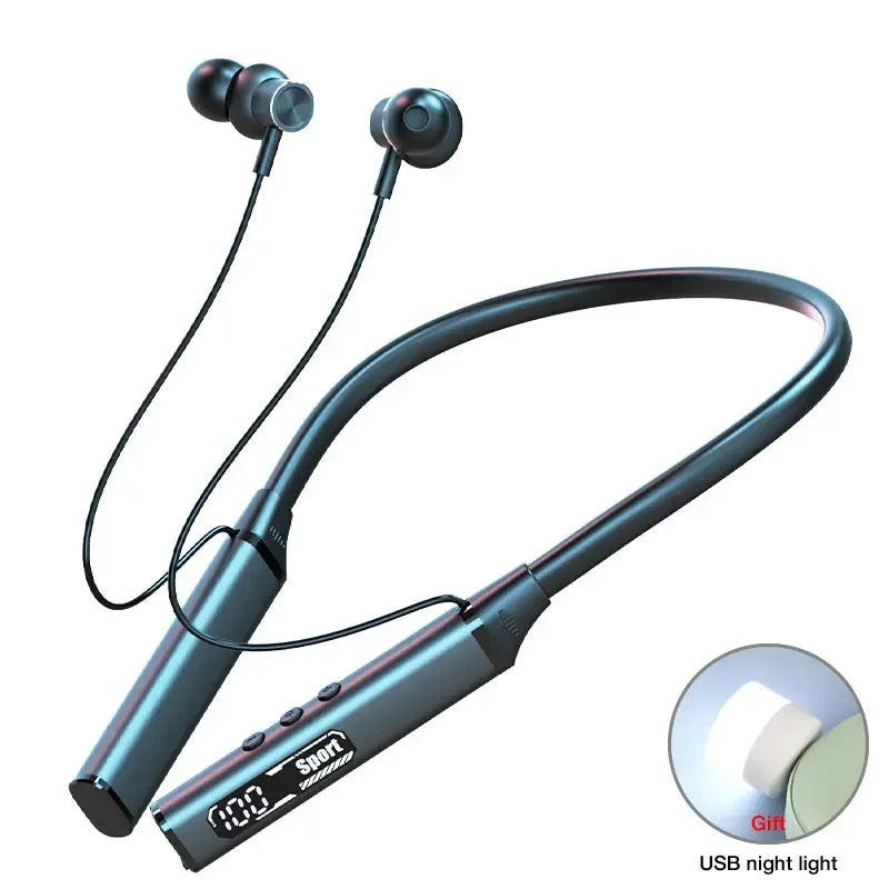 A pair of blue wireless Bluetooth earphones with a neckband design, featuring an inline microphone and digital display.