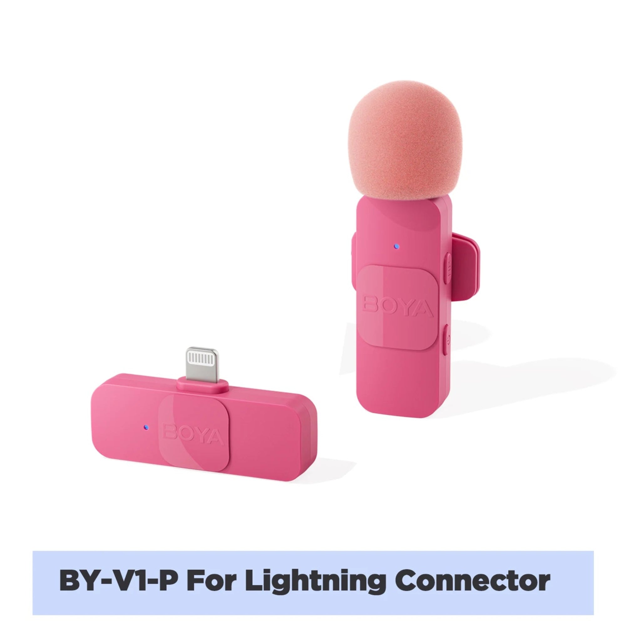 Pink microphone and receiver with 'BOYA' branding on a white background