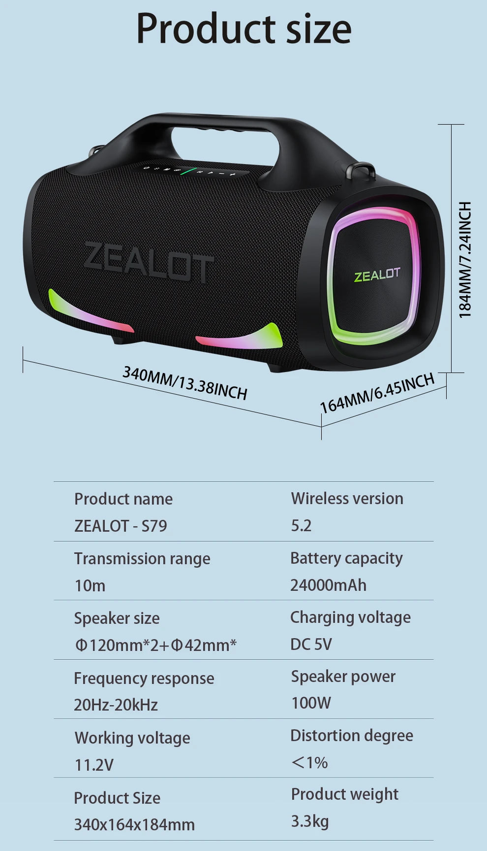 Zealot S79 100W Portable Speaker - Wireless Outdoor HiFi Sound 24000mAh Zealot