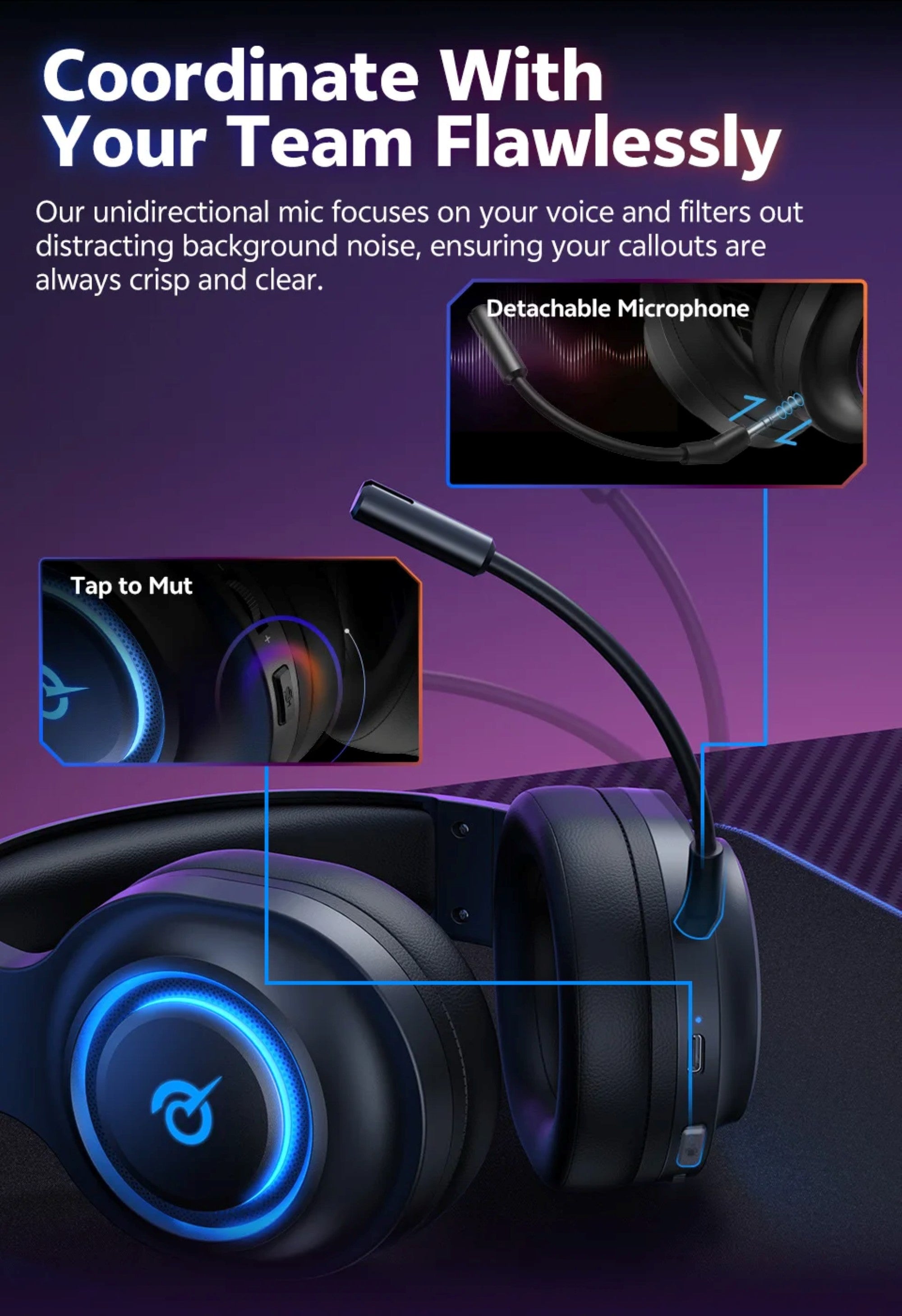 Headset with detachable microphone on a dark background, highlighting features like 'Tap to Mut'.