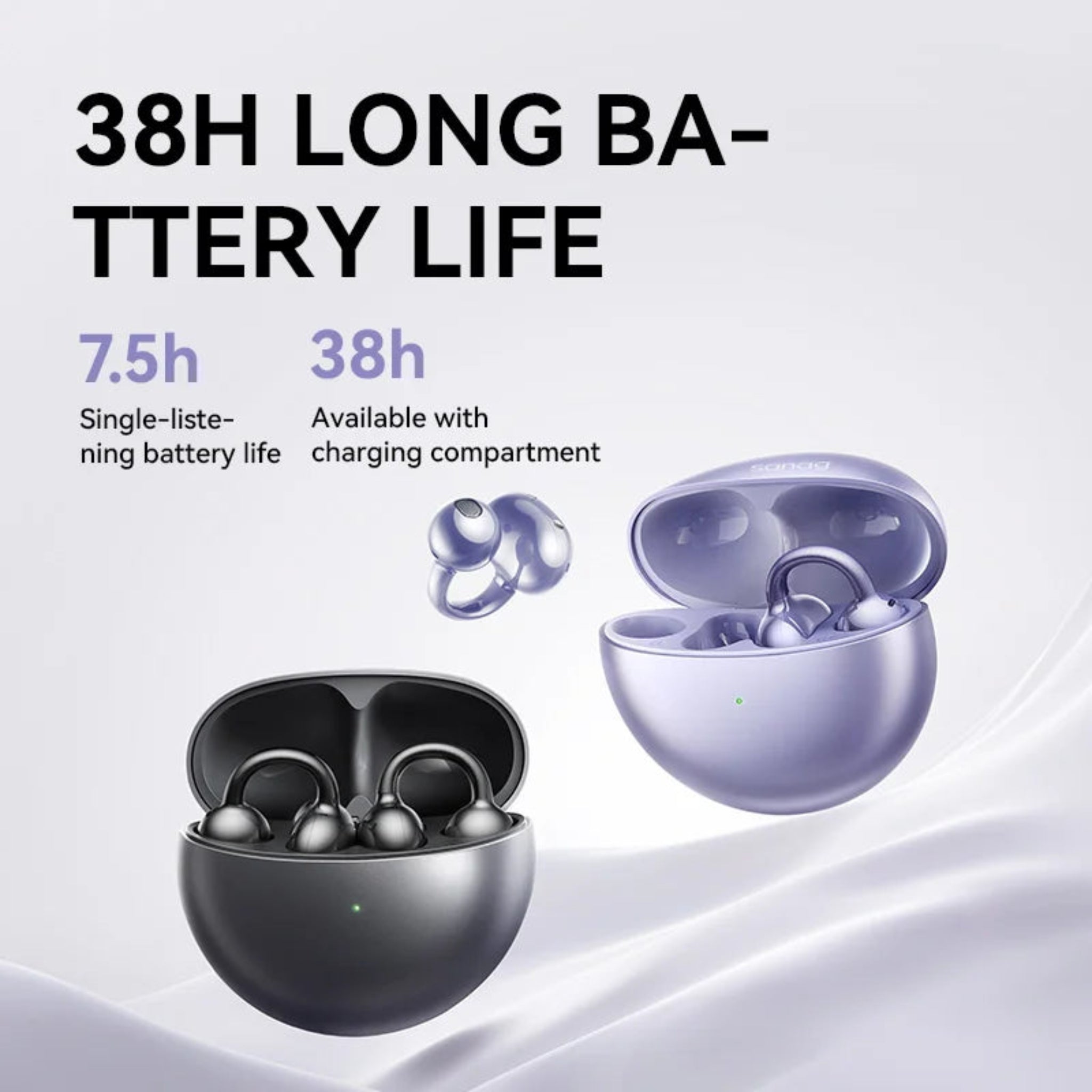 Wireless earbuds with charging case and battery life information on a light gray background