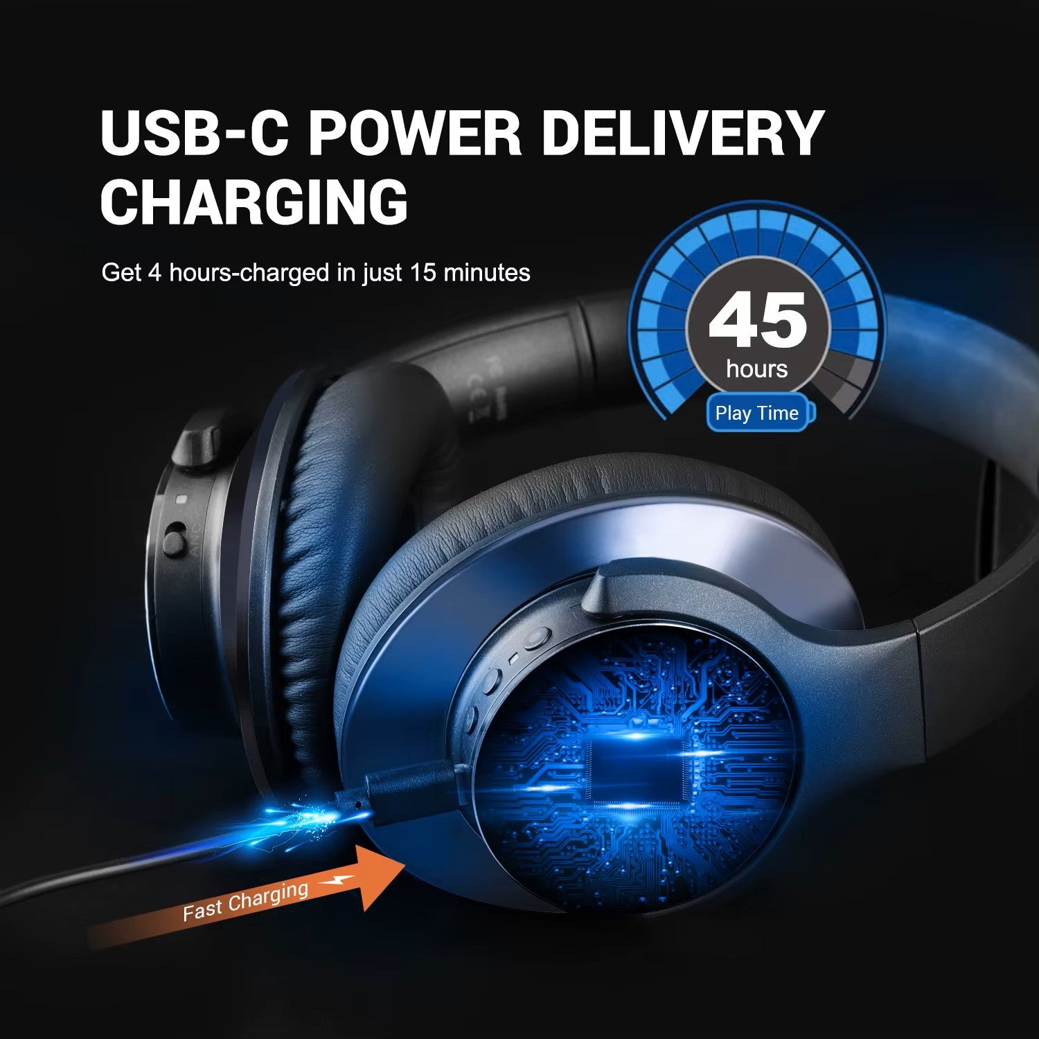 Headphones with USB-C power delivery charging feature and play time display.