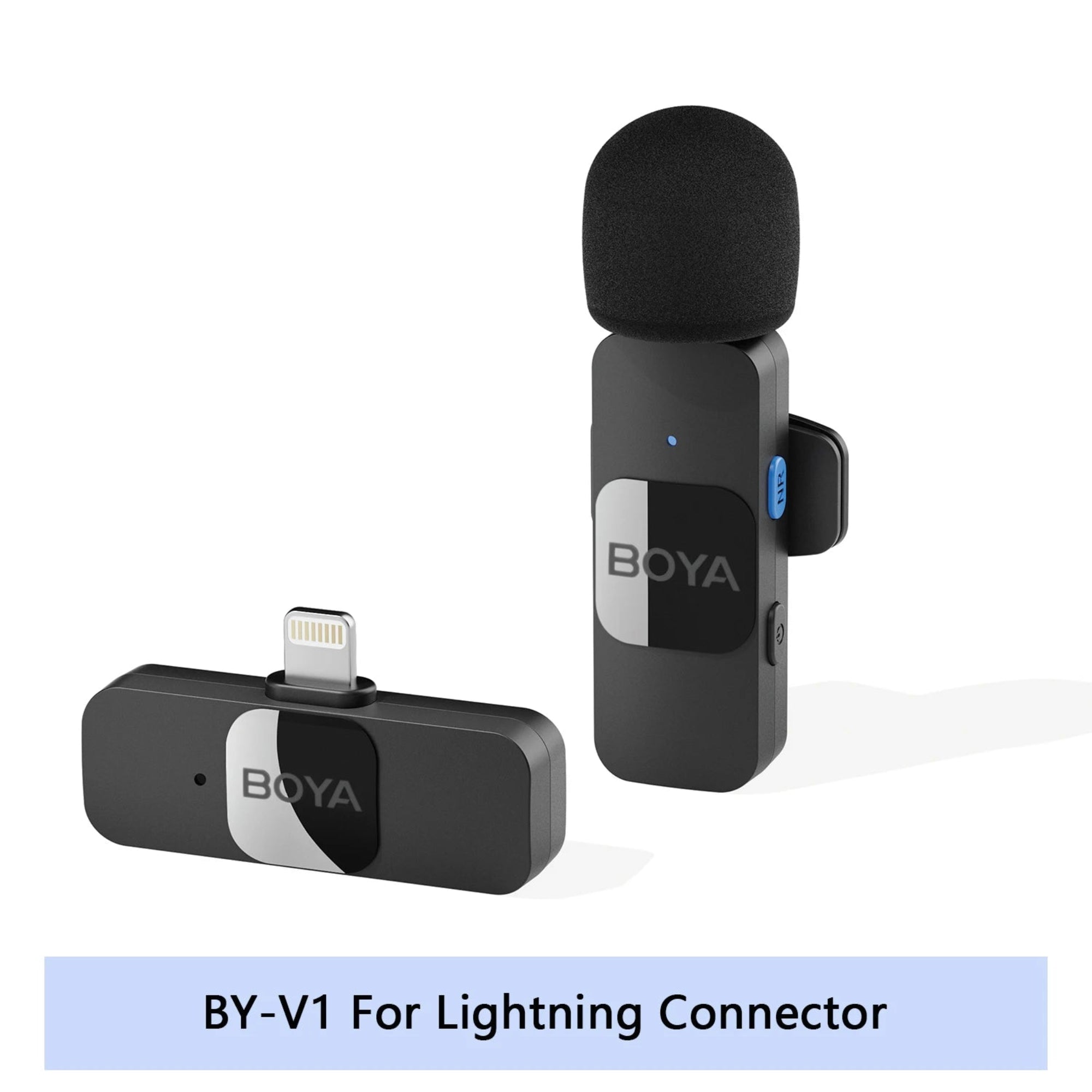 BOYA BY-V1 microphone and receiver for Lightning connector on a white background