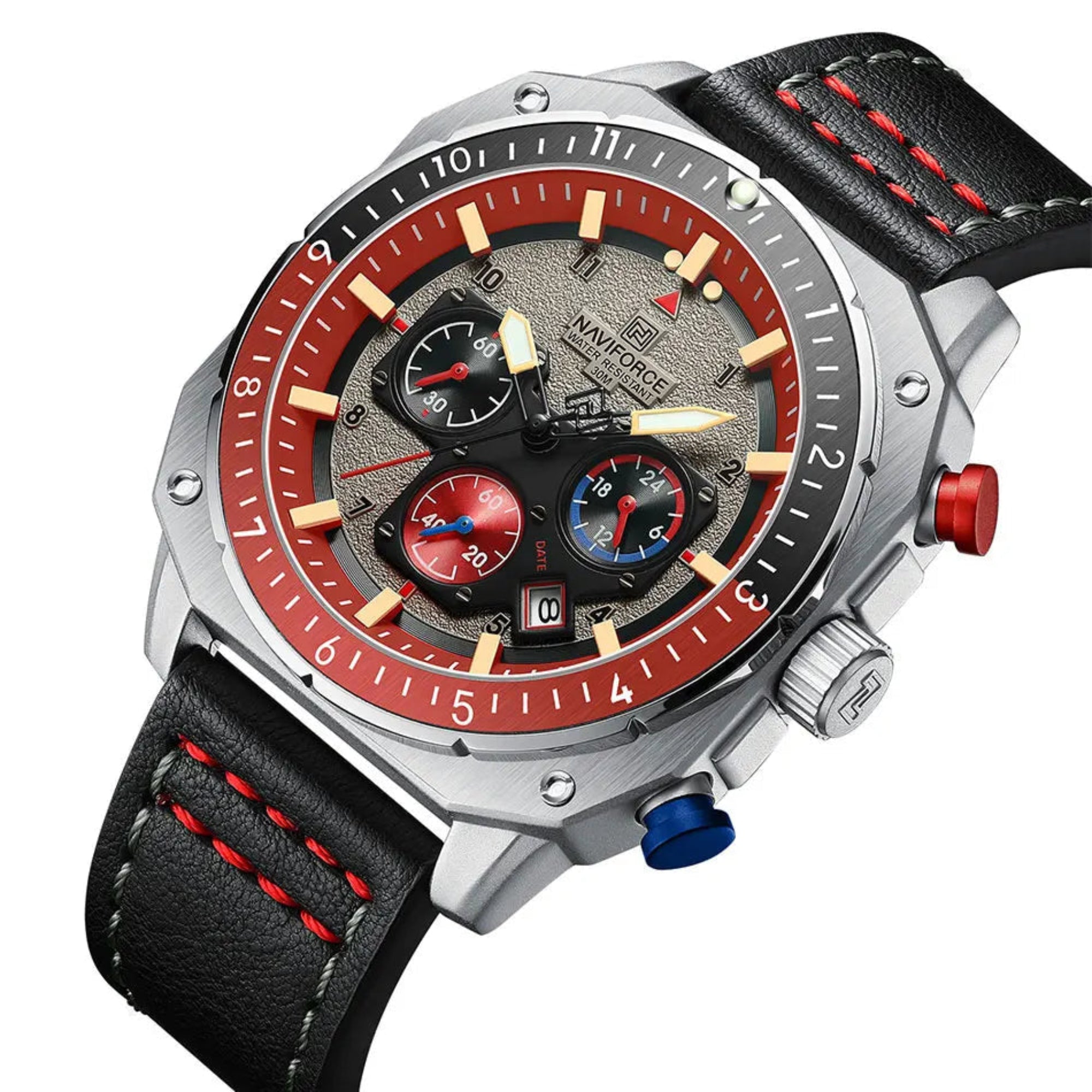 Wristwatch with black strap and red accents on a white background
