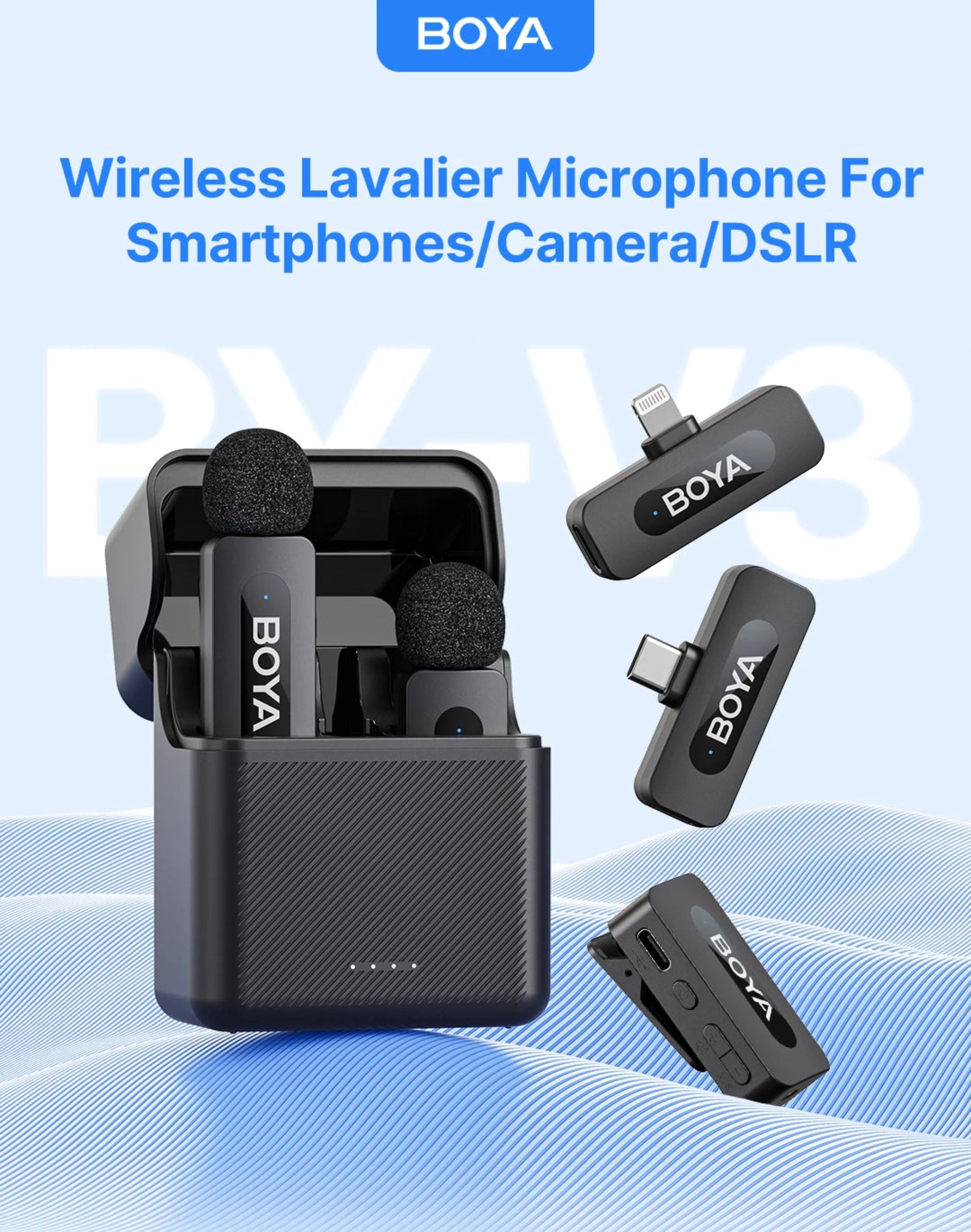 BOYA wireless lavalier microphone set with receiver and transmitter on a light blue background