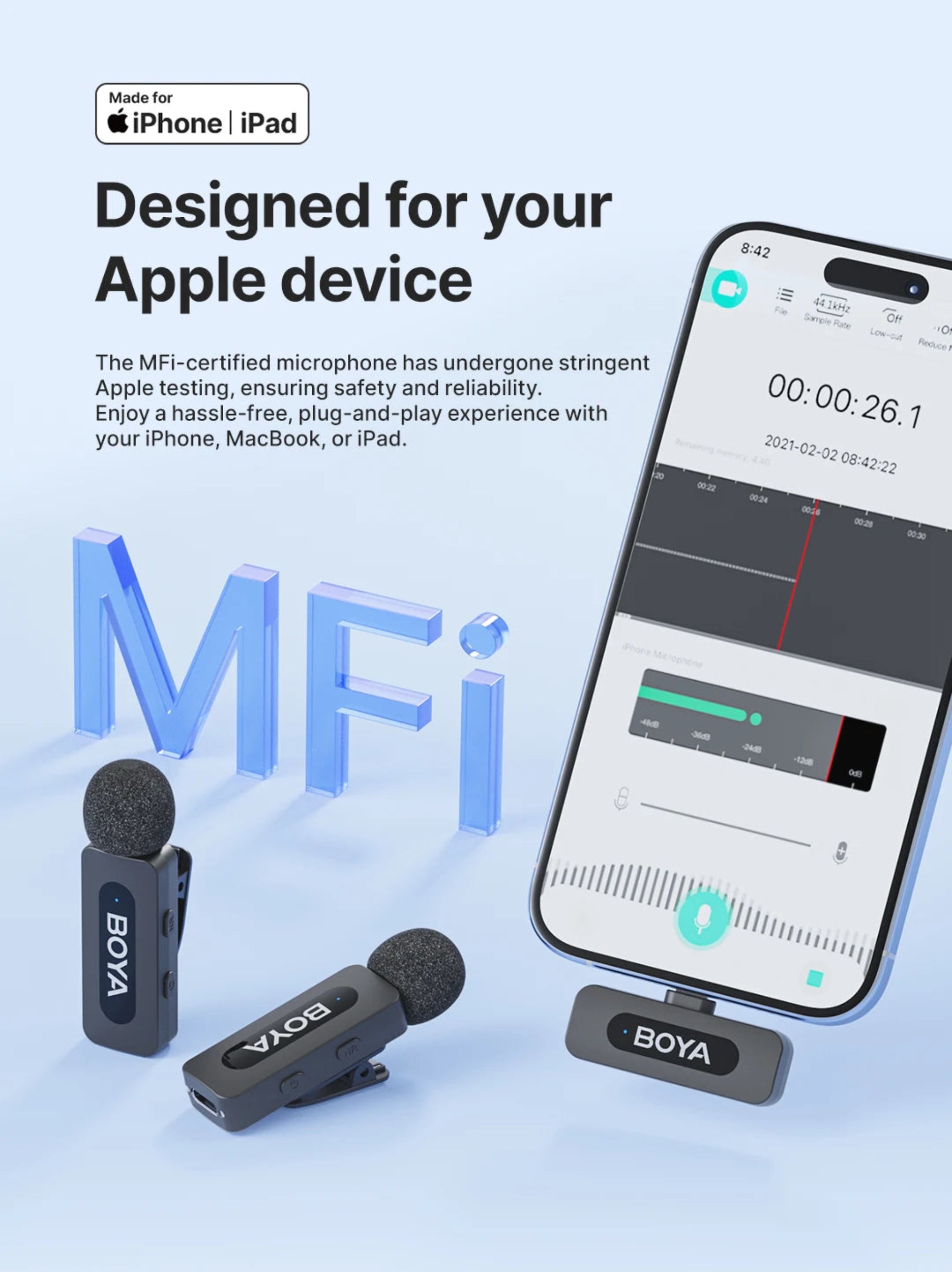 BOYA microphone with smartphone app on a blue background, featuring MFi certification text.