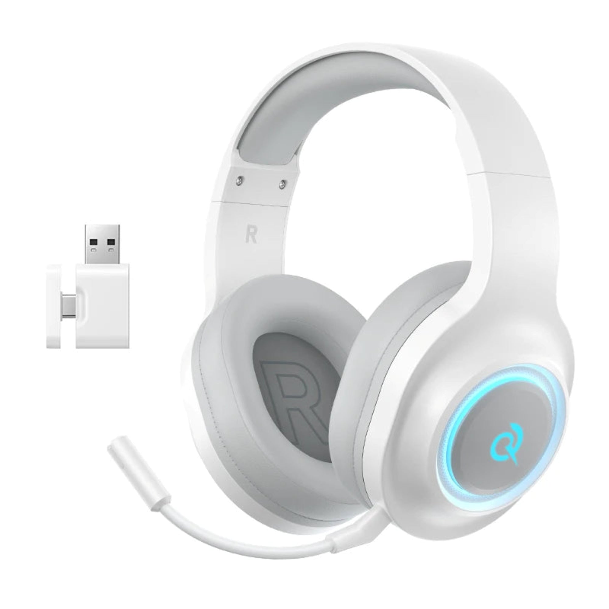 White gaming headset with USB adapter on a white background